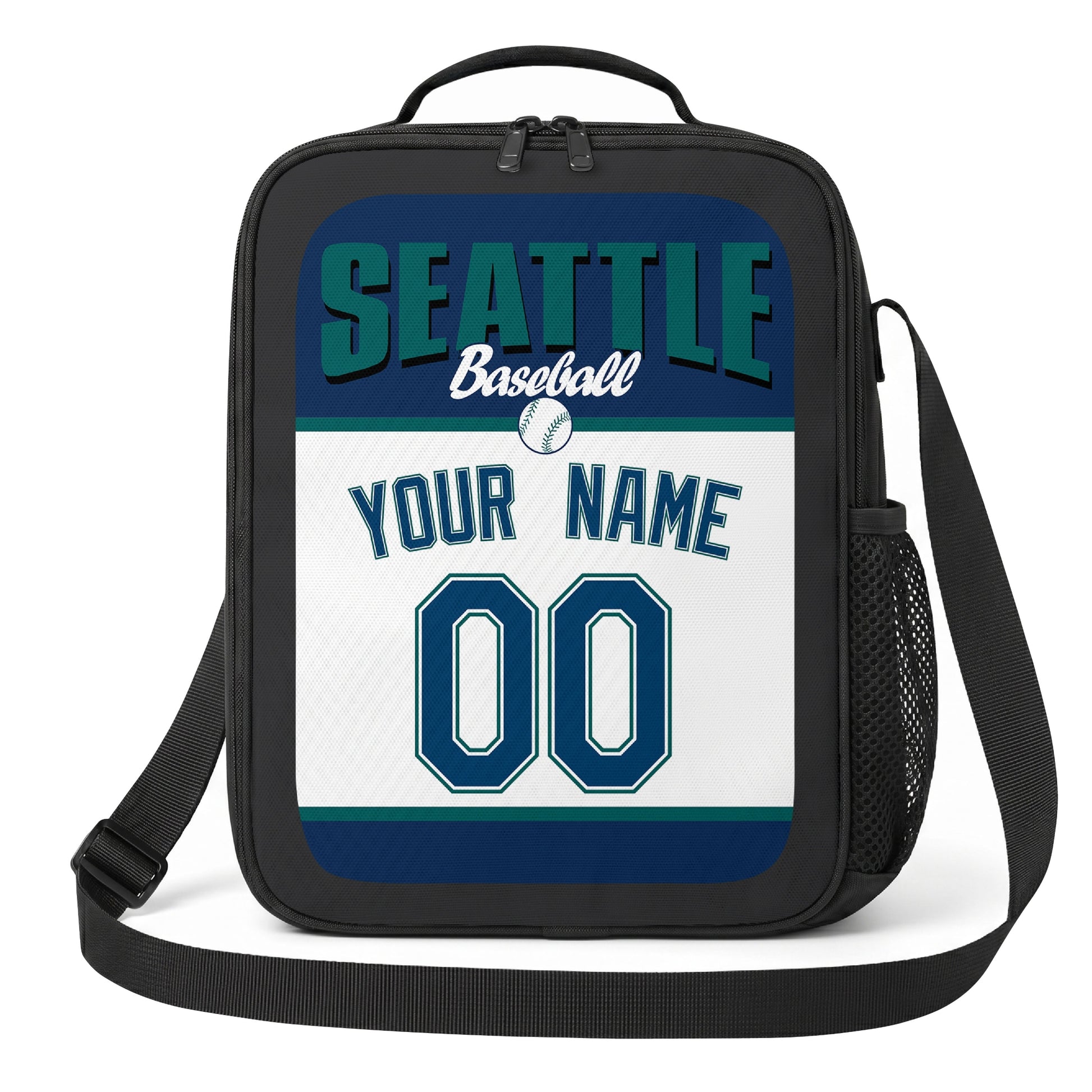 Seattle teal navy and white personalized baseball lunch bag angled front view with city lettering and custom name number