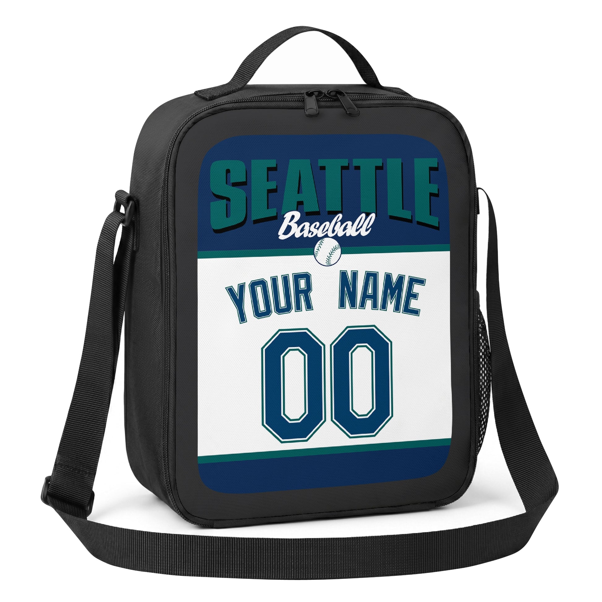 Seattle teal navy and white personalized baseball lunch bag alternate angle with side mesh pocket top handle and shoulder strap