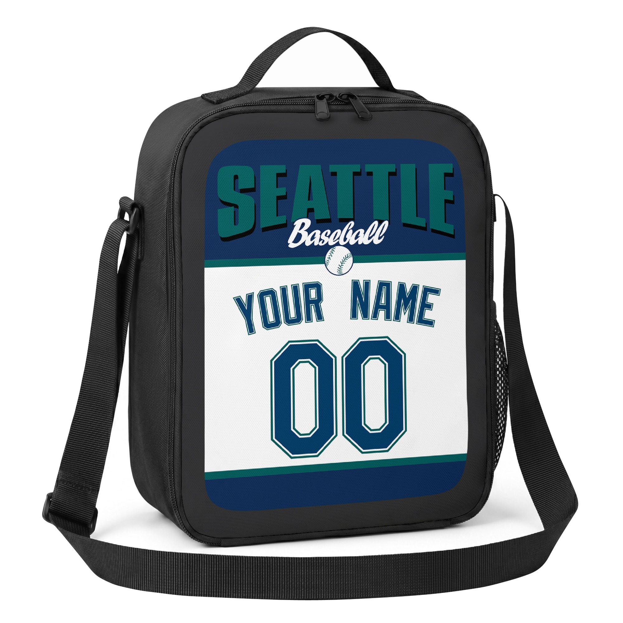 Seattle teal navy and white personalized baseball lunch bag alternate angle with side mesh pocket top handle and shoulder strap