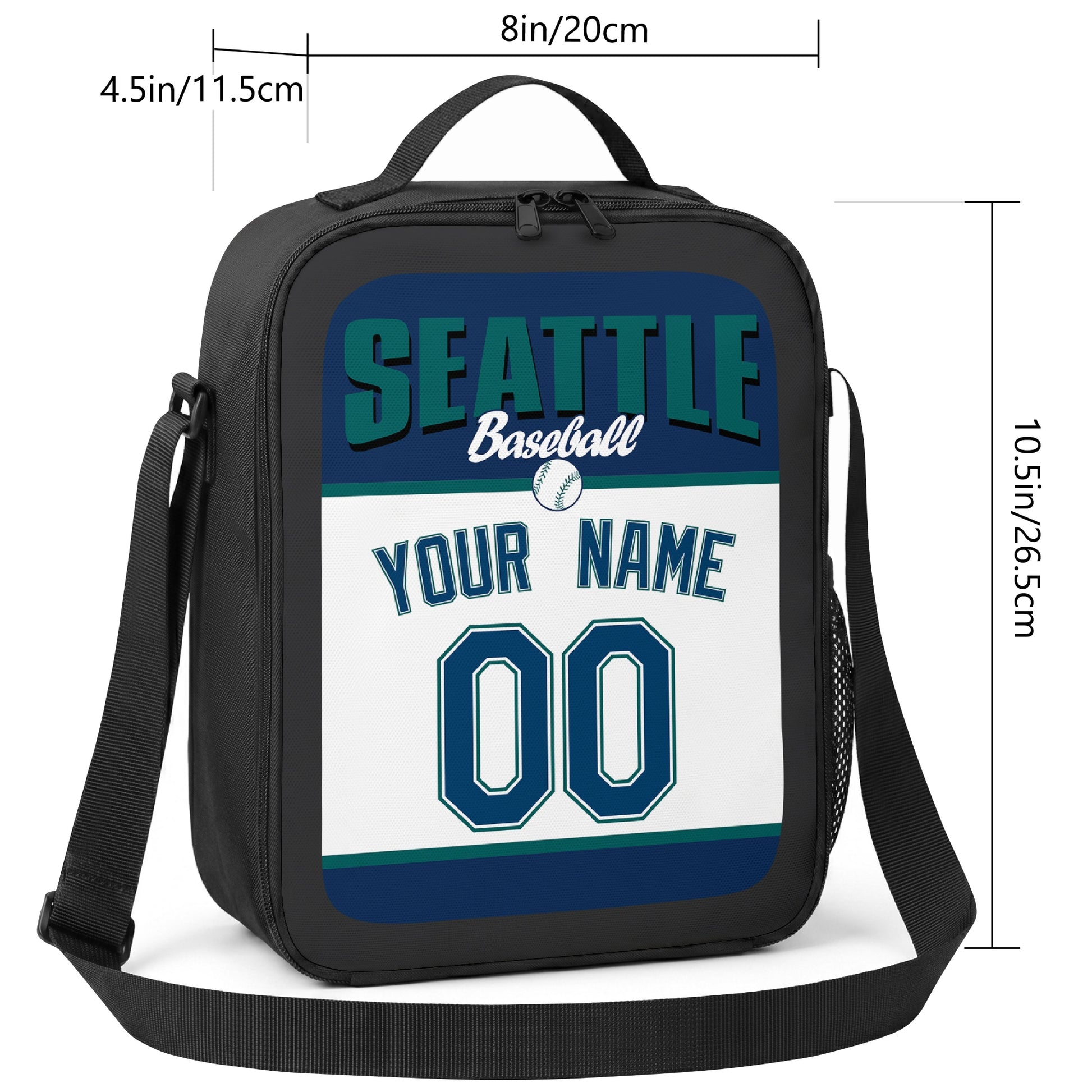 Seattle personalized baseball lunch bag size guide showing 8 by 4.5 by 10.5 inch dimensions