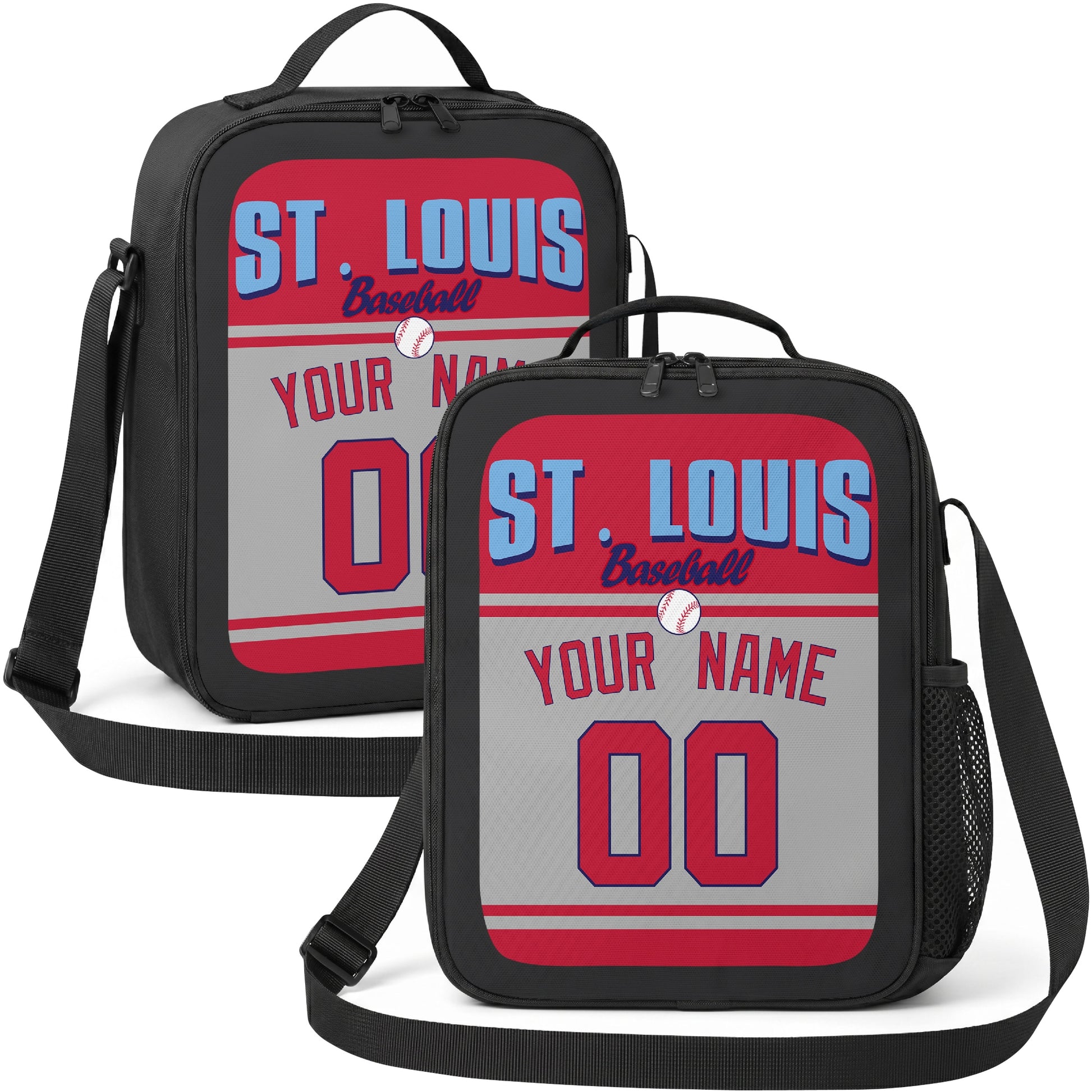 St. Louis personalized baseball lunch bag in red navy and white showing front and angled views with custom name and number