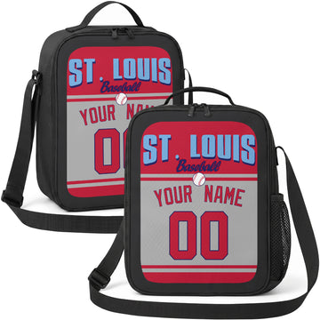 St. Louis personalized baseball lunch bag in red navy and white showing front and angled views with custom name and number