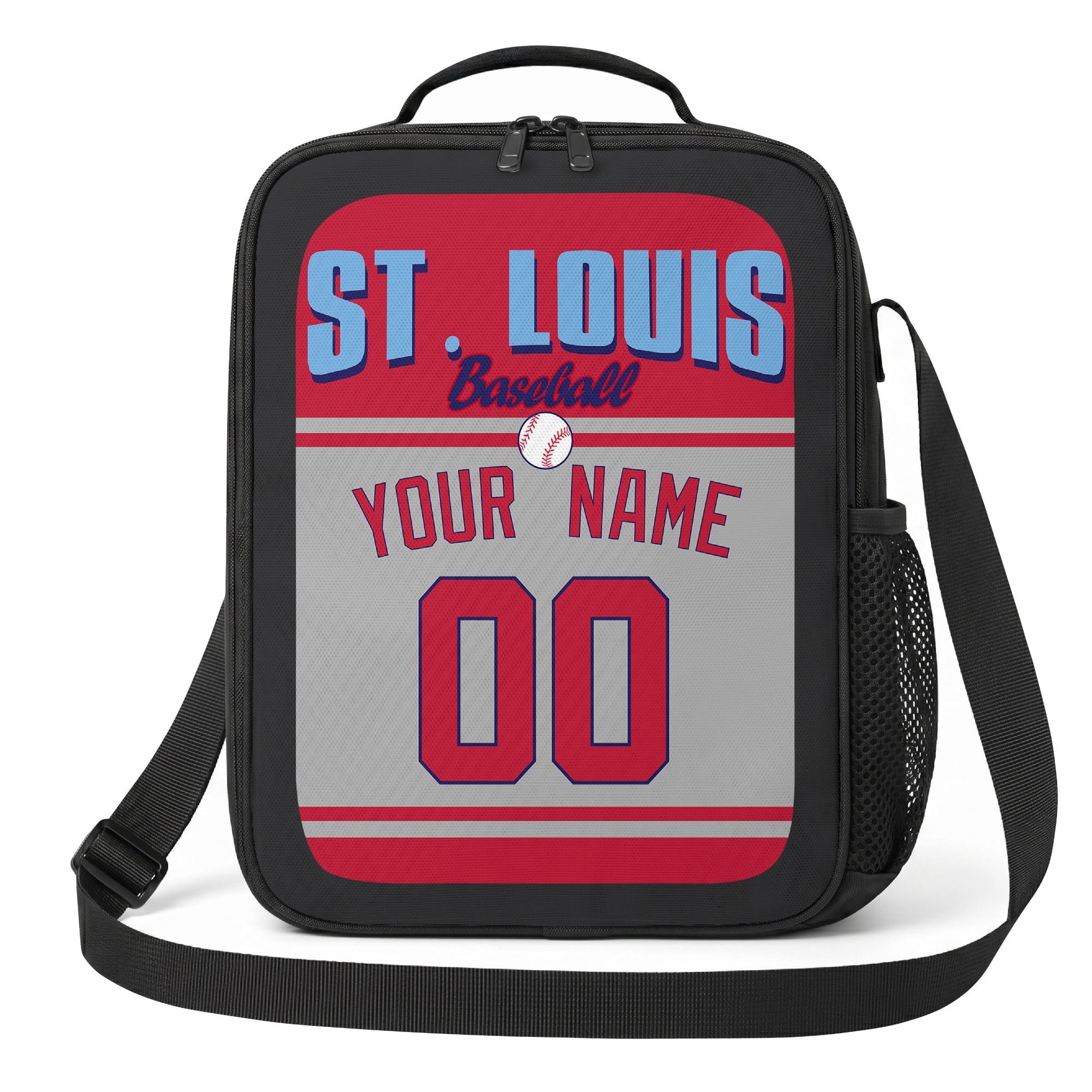 St. Louis red navy and white personalized baseball lunch bag angled front view with city lettering and custom name number