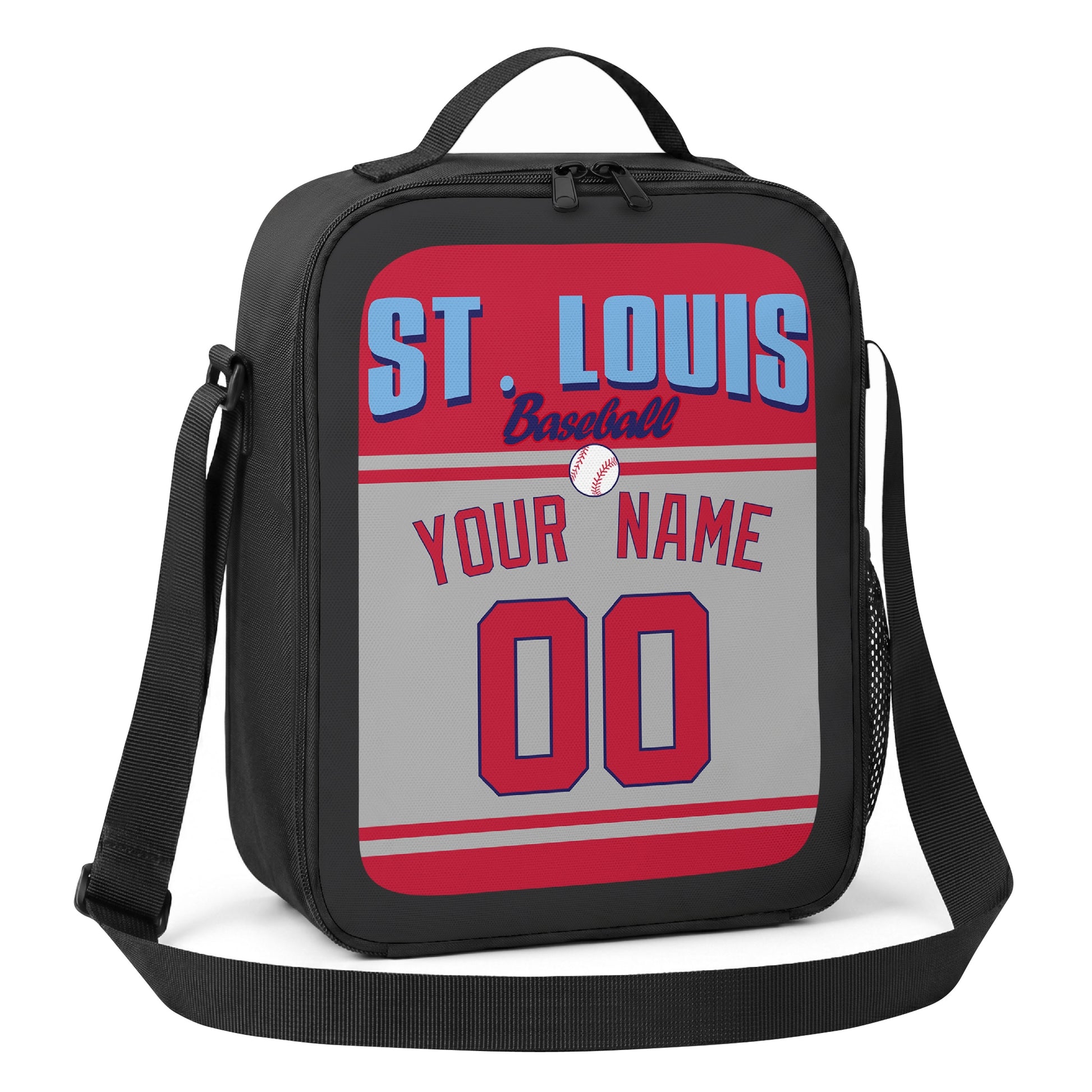 St. Louis red navy and white personalized baseball lunch bag alternate angle with side mesh pocket top handle and shoulder strap