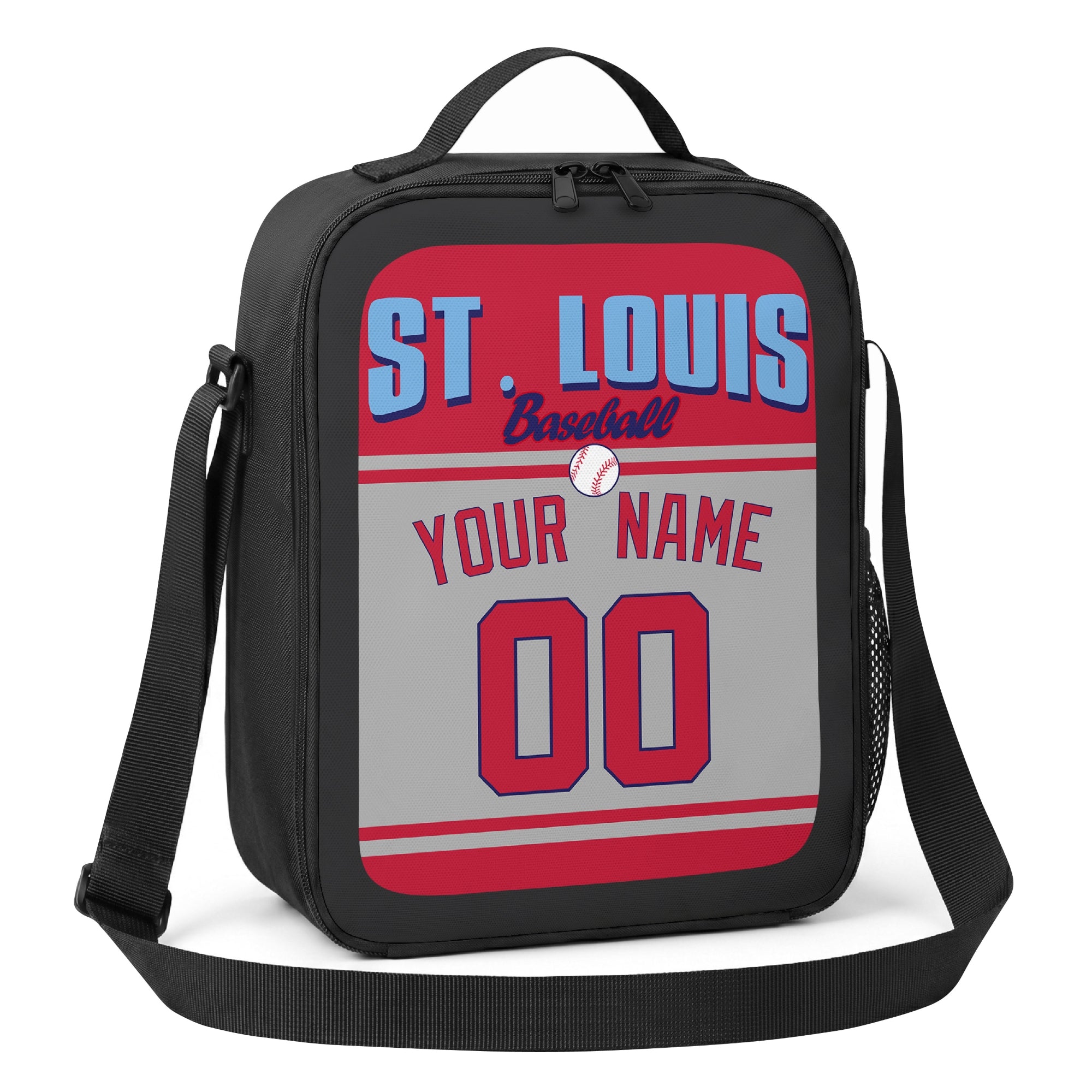 St. Louis red navy and white personalized baseball lunch bag alternate angle with side mesh pocket top handle and shoulder strap