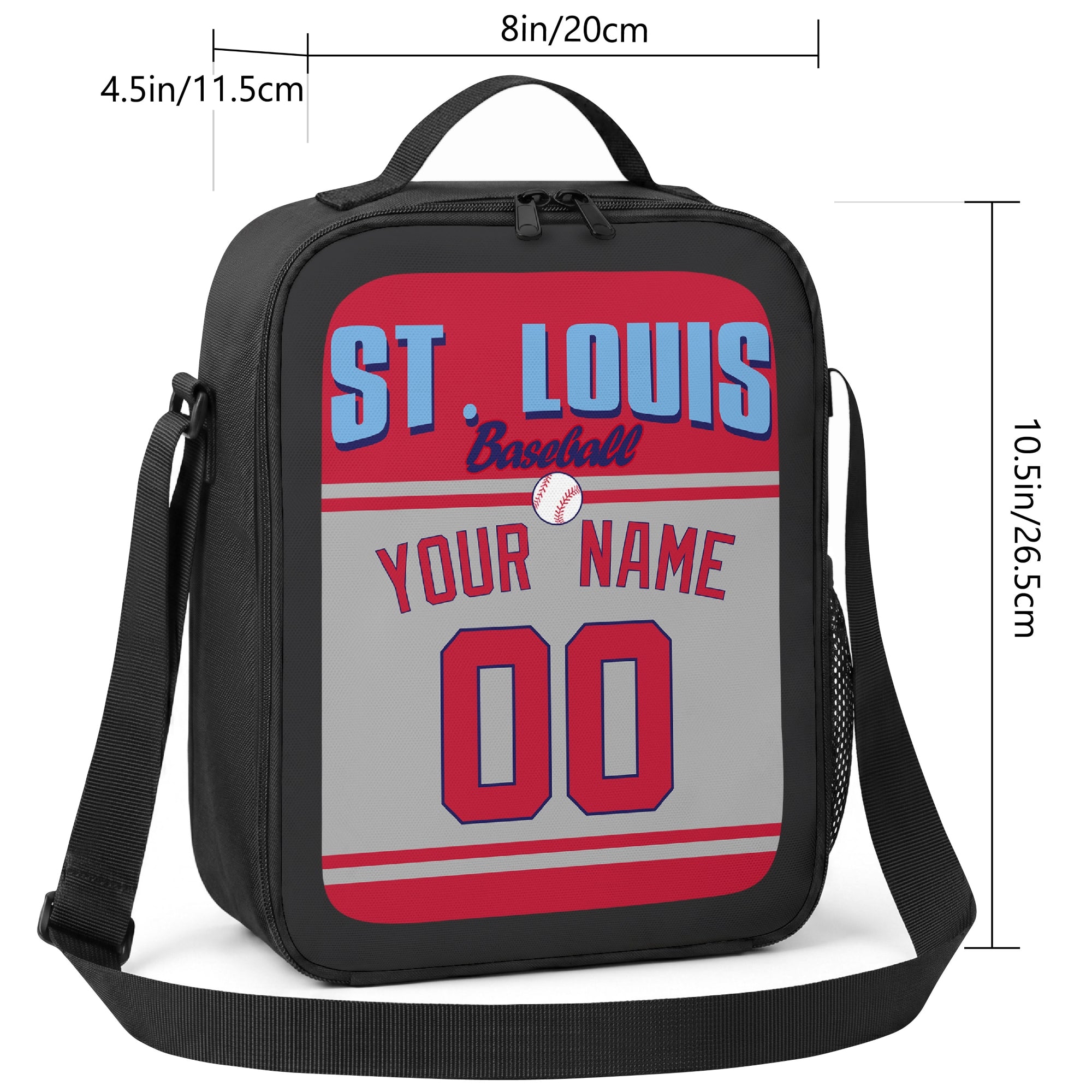 St. Louis personalized baseball lunch bag size guide showing 8 by 4.5 by 10.5 inch dimensions