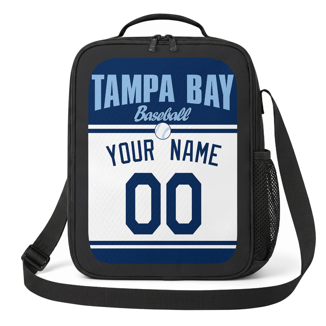 Tampa Bay personalized baseball lunch bag in navy light blue and white showing front and angled views with custom name and number