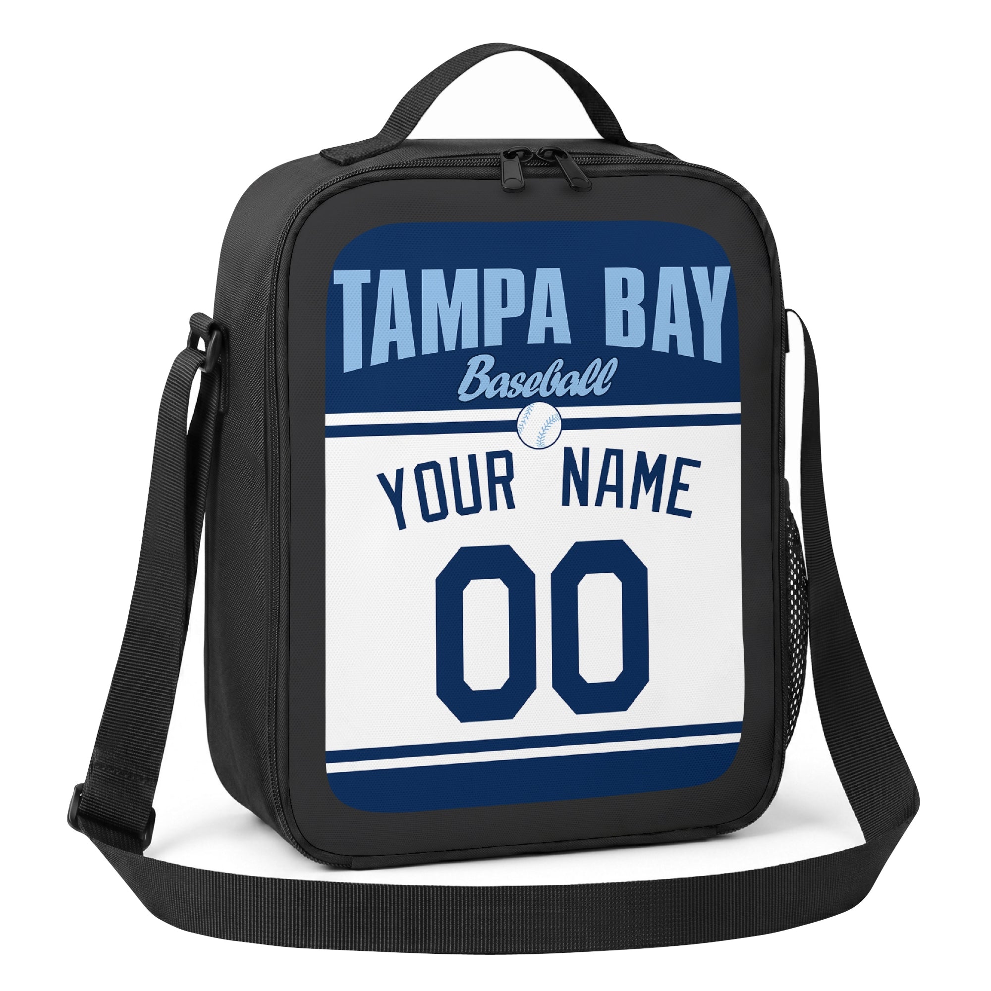 Tampa Bay navy light blue and white personalized baseball lunch bag alternate angle with side mesh pocket top handle and shoulder strap
