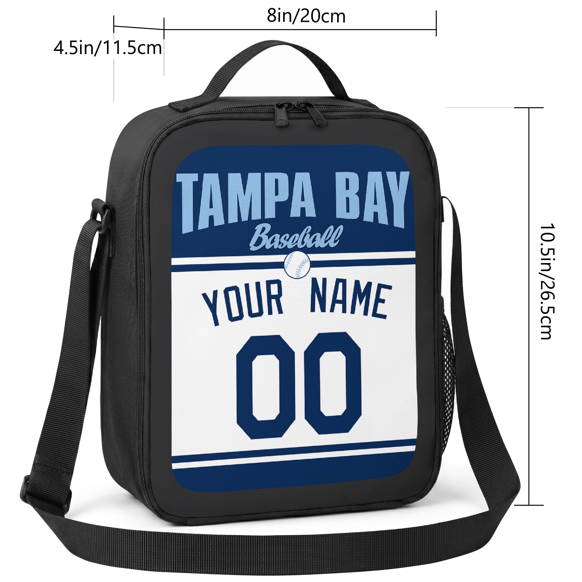 Tampa Bay personalized baseball lunch bag size guide showing 8 by 4.5 by 10.5 inch dimensions