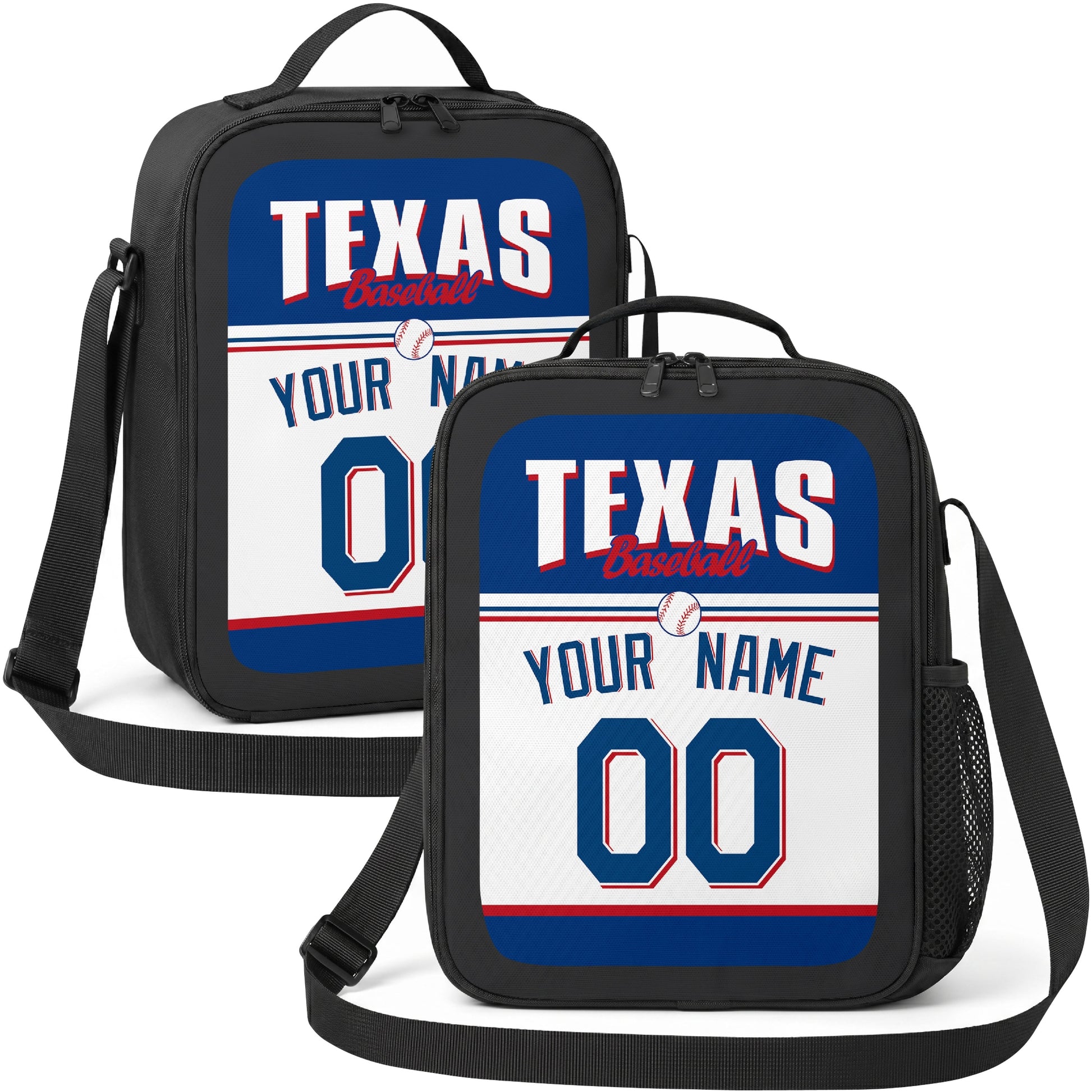 Texas personalized baseball lunch bag in royal blue red and white showing front and angled views with custom name and number
