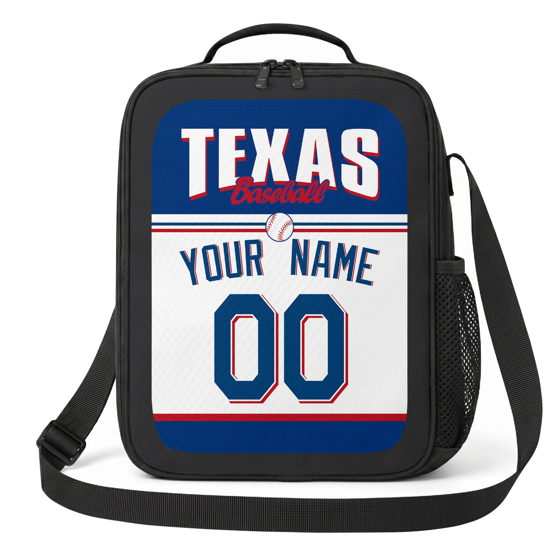 Texas personalized baseball lunch bag in royal blue red and white showing front and angled views with custom name and number