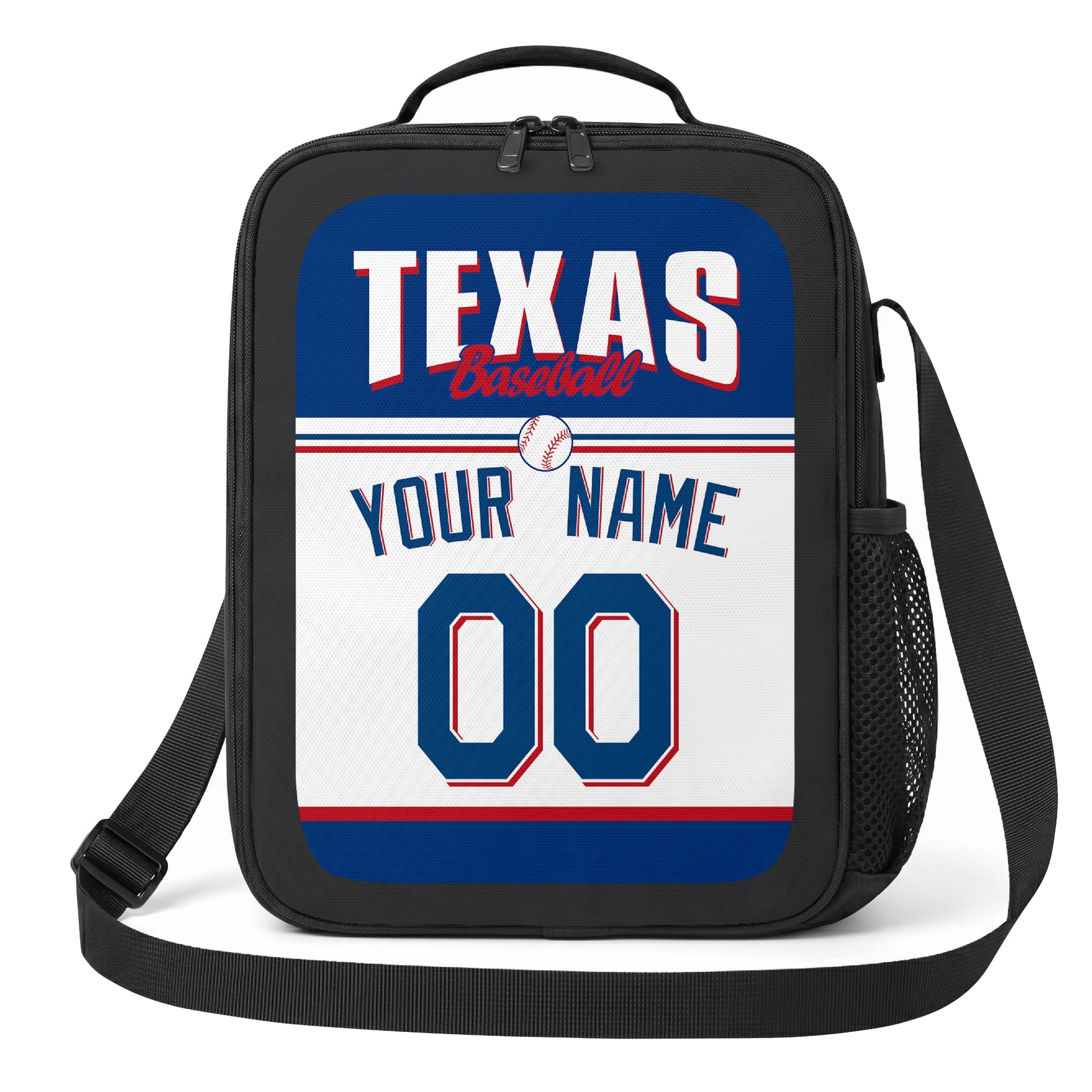 Texas royal blue red and white personalized baseball lunch bag angled front view with city lettering and custom name number