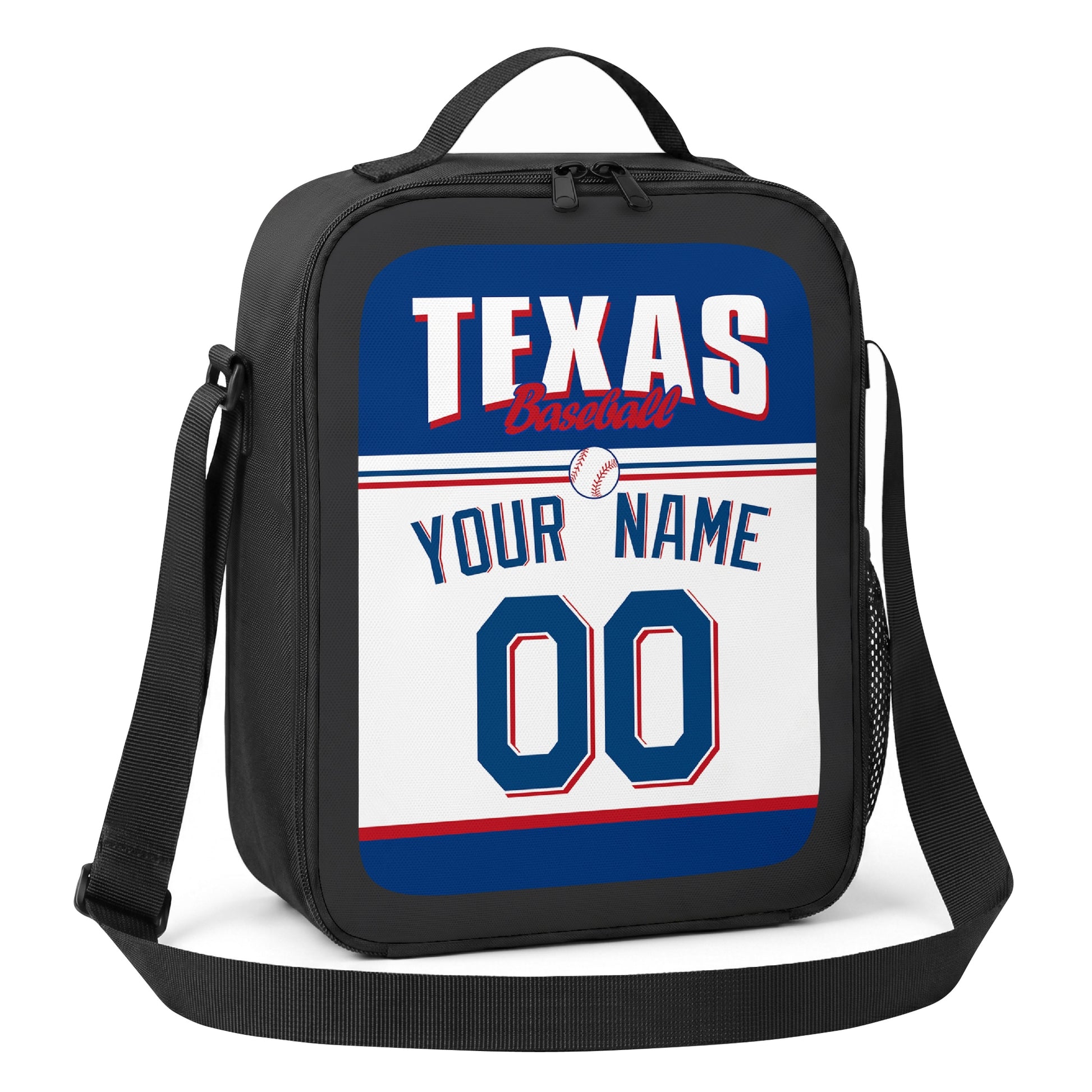 Texas royal blue red and white personalized baseball lunch bag alternate angle with side mesh pocket top handle and shoulder strap