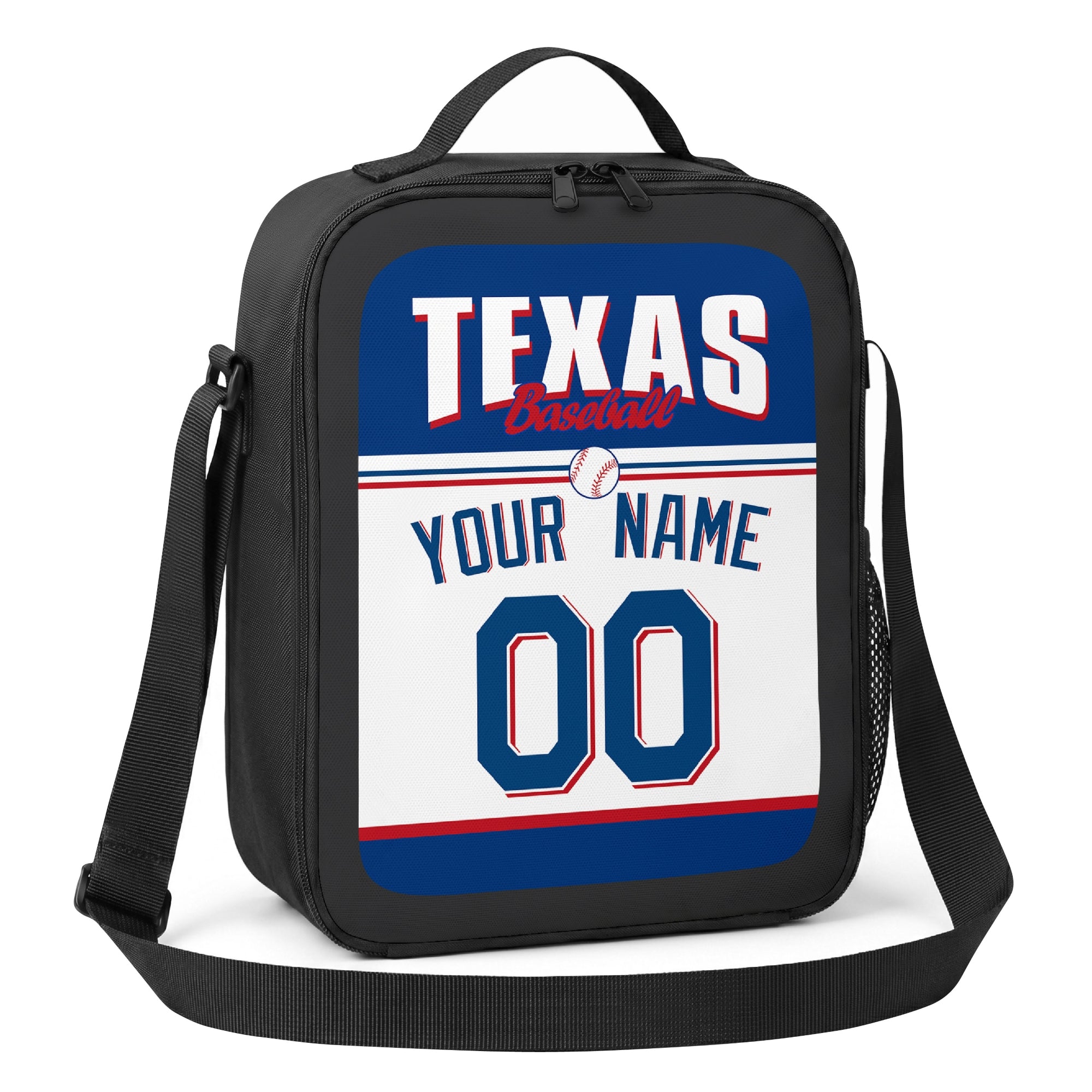 Texas royal blue red and white personalized baseball lunch bag alternate angle with side mesh pocket top handle and shoulder strap