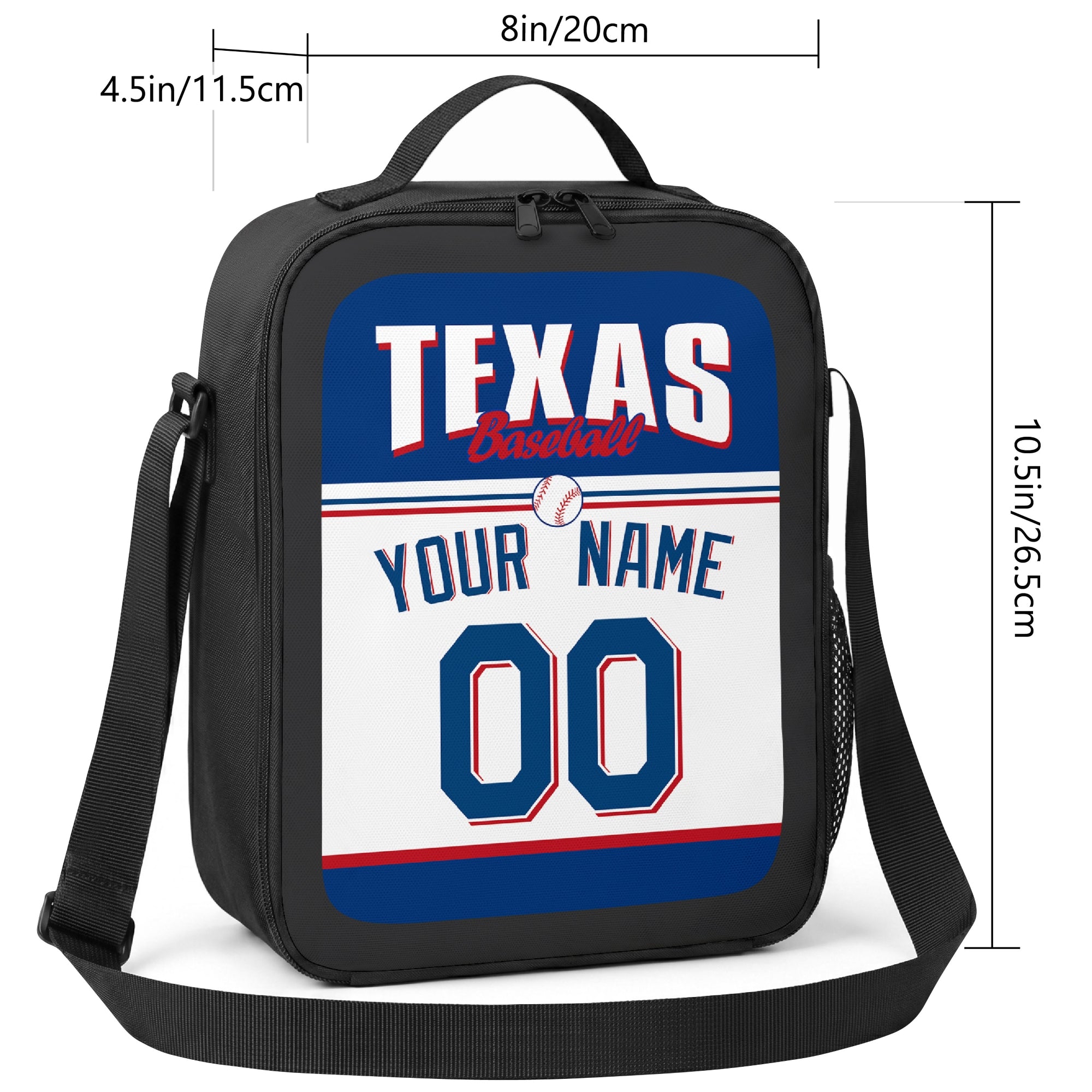 Texas personalized baseball lunch bag size guide showing 8 by 4.5 by 10.5 inch dimensions
