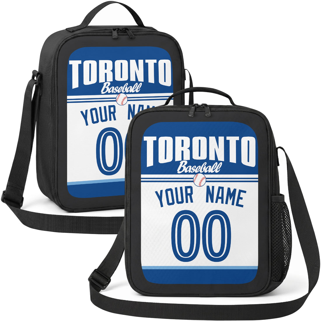 Toronto personalized baseball lunch bag in blue and white showing front and angled views with custom name and number