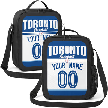 Toronto personalized baseball lunch bag in blue and white showing front and angled views with custom name and number
