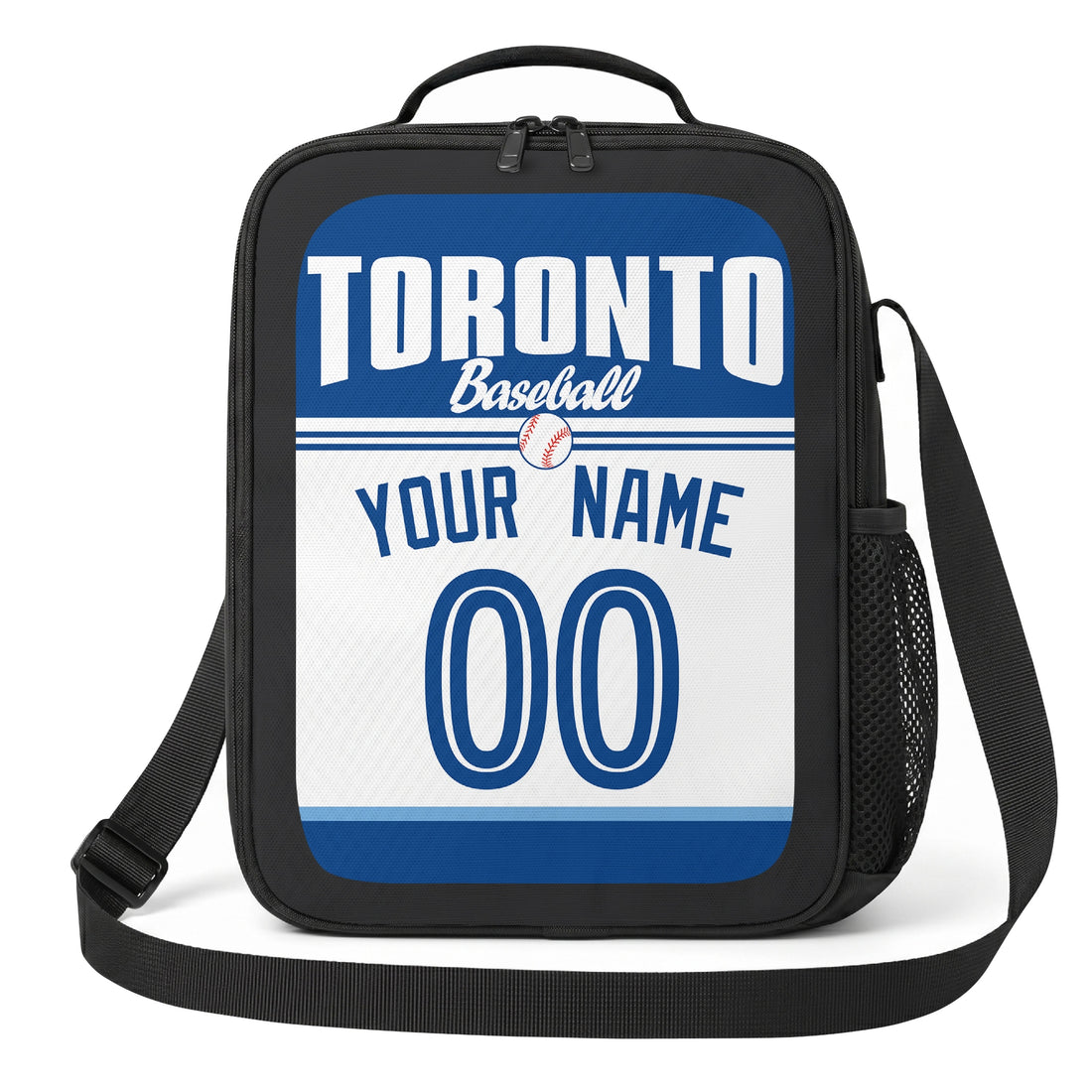 Toronto personalized baseball lunch bag in blue and white showing front and angled views with custom name and number