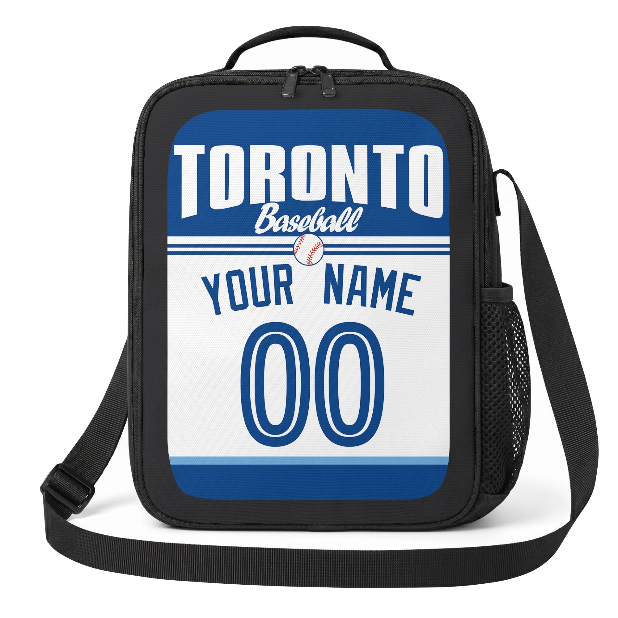 Toronto blue and white personalized baseball lunch bag angled front view with city lettering and custom name number