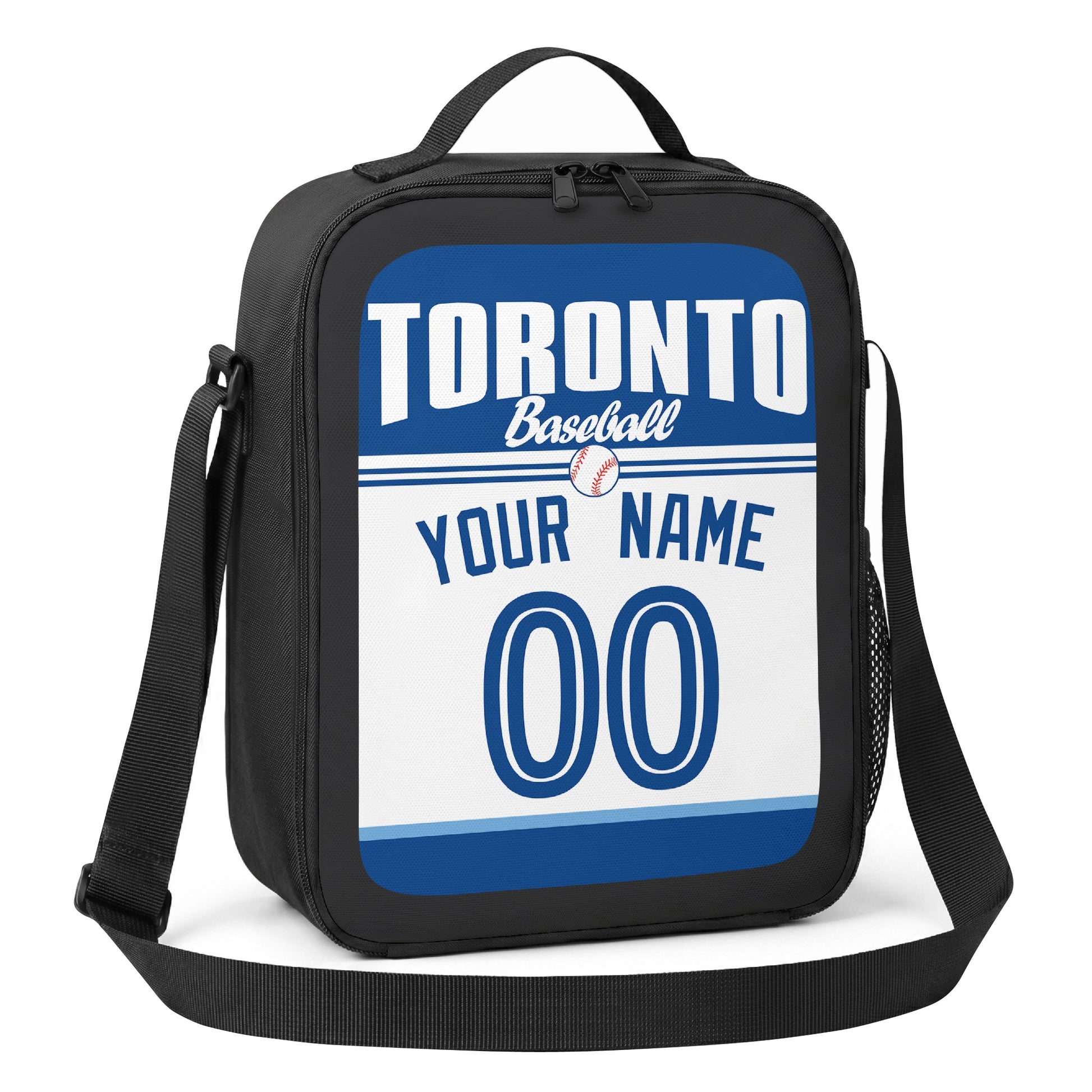 Toronto blue and white personalized baseball lunch bag alternate angle with side mesh pocket top handle and shoulder strap