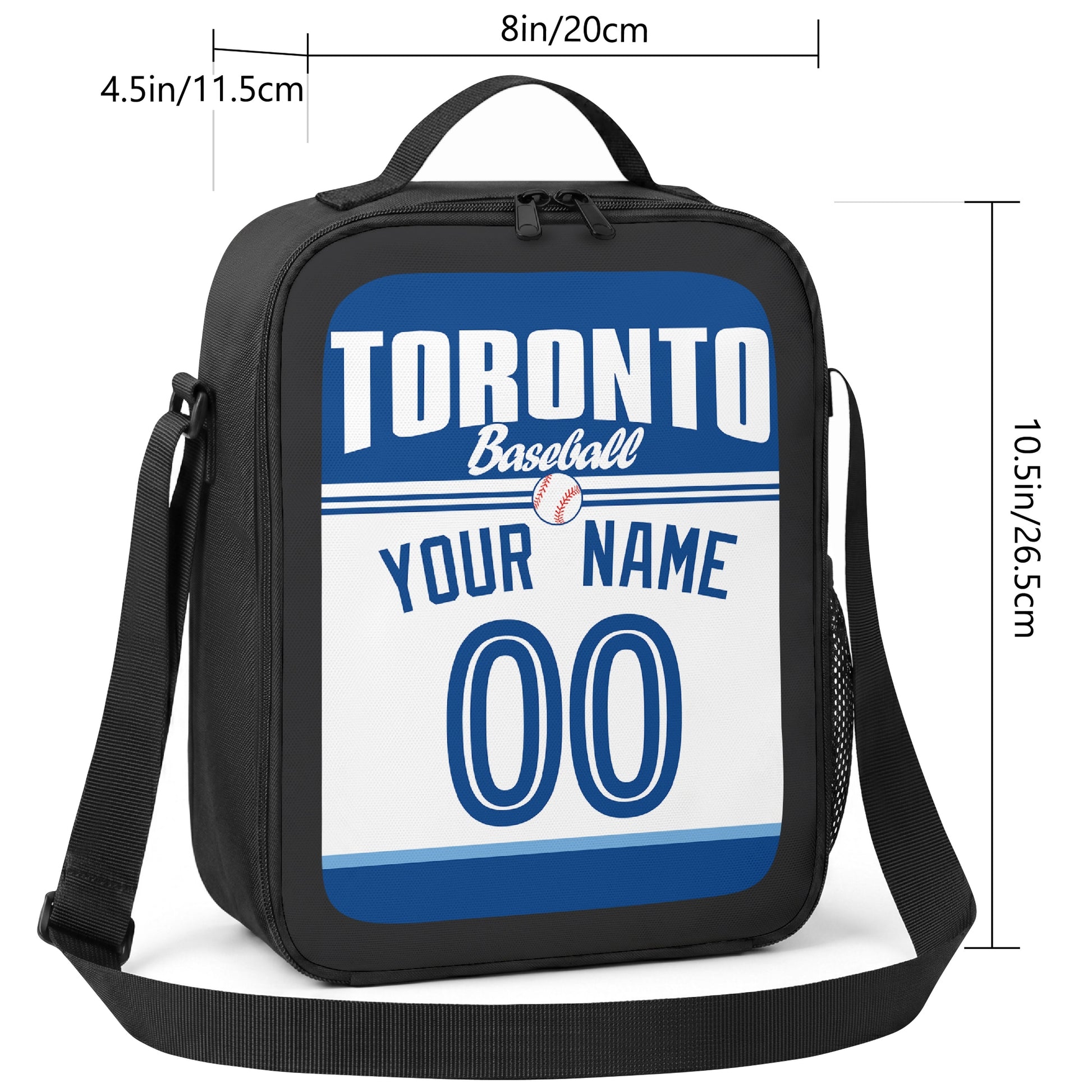 Toronto personalized baseball lunch bag size guide showing 8 by 4.5 by 10.5 inch dimensions
