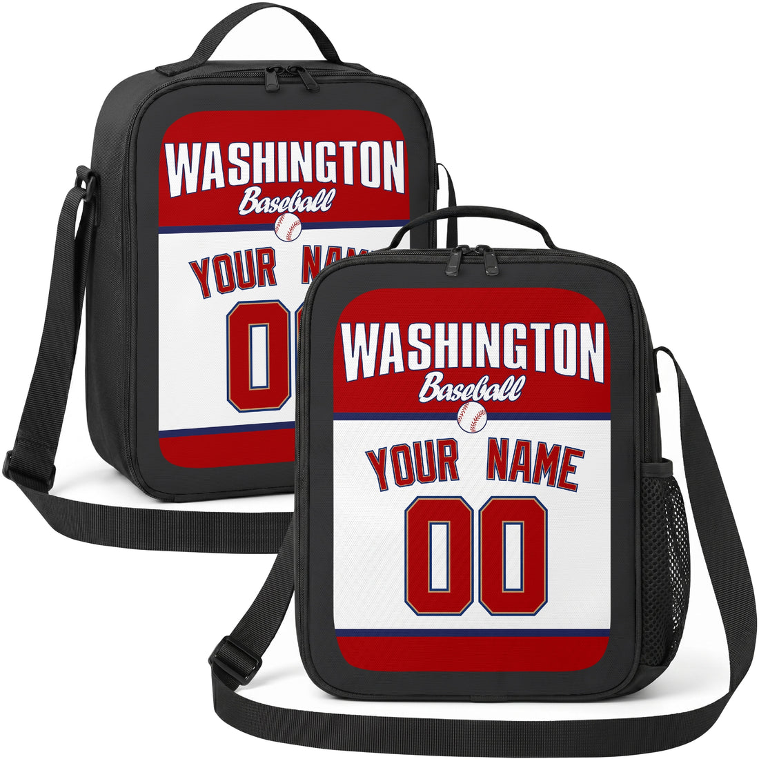 Washington personalized baseball lunch bag in red navy and white showing front and angled views with custom name and number