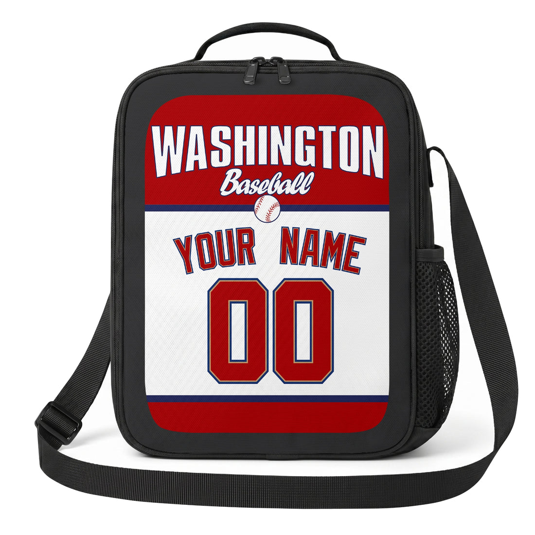 Washington personalized baseball lunch bag in red navy and white showing front and angled views with custom name and number