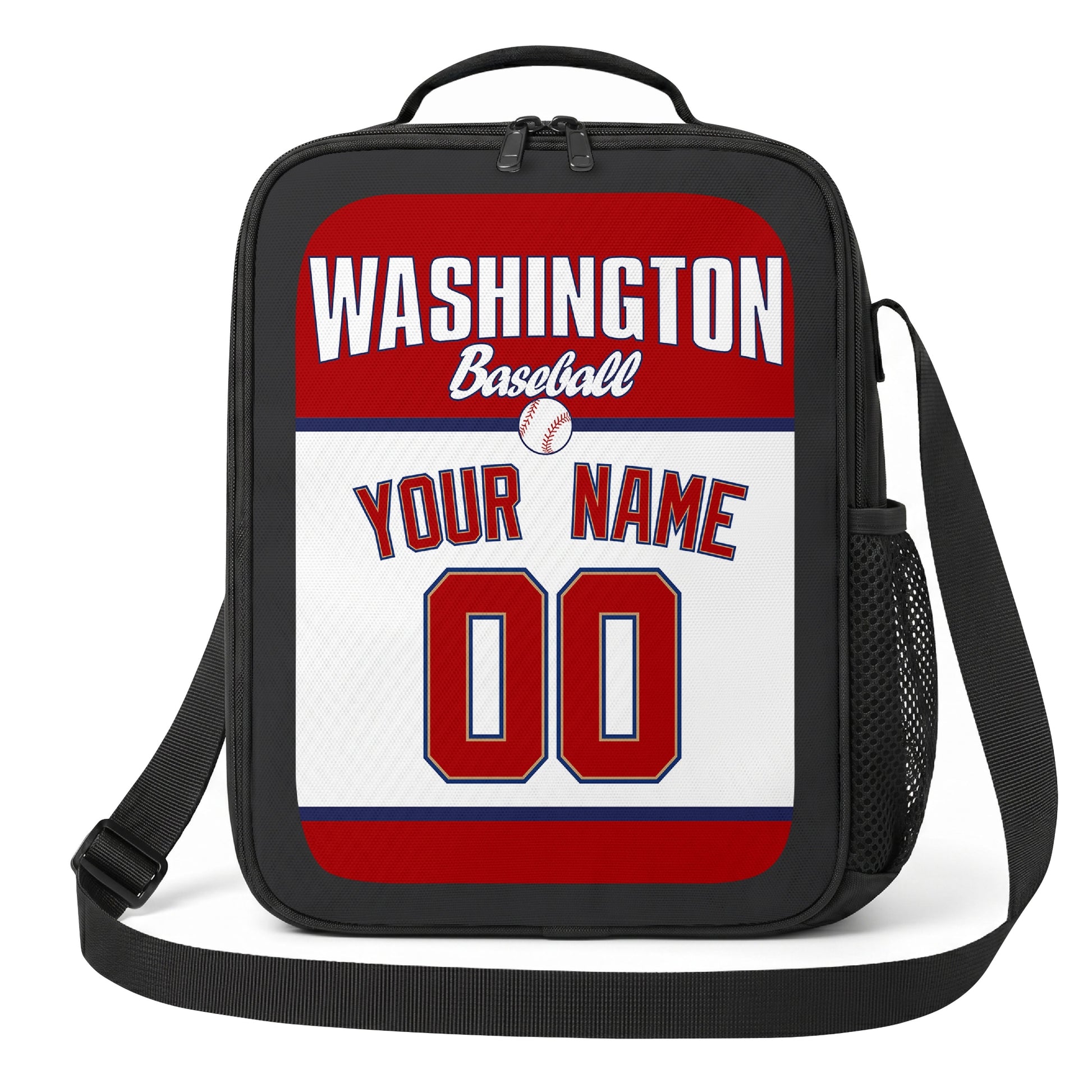 Washington red navy and white personalized baseball lunch bag angled front view with city lettering and custom name number