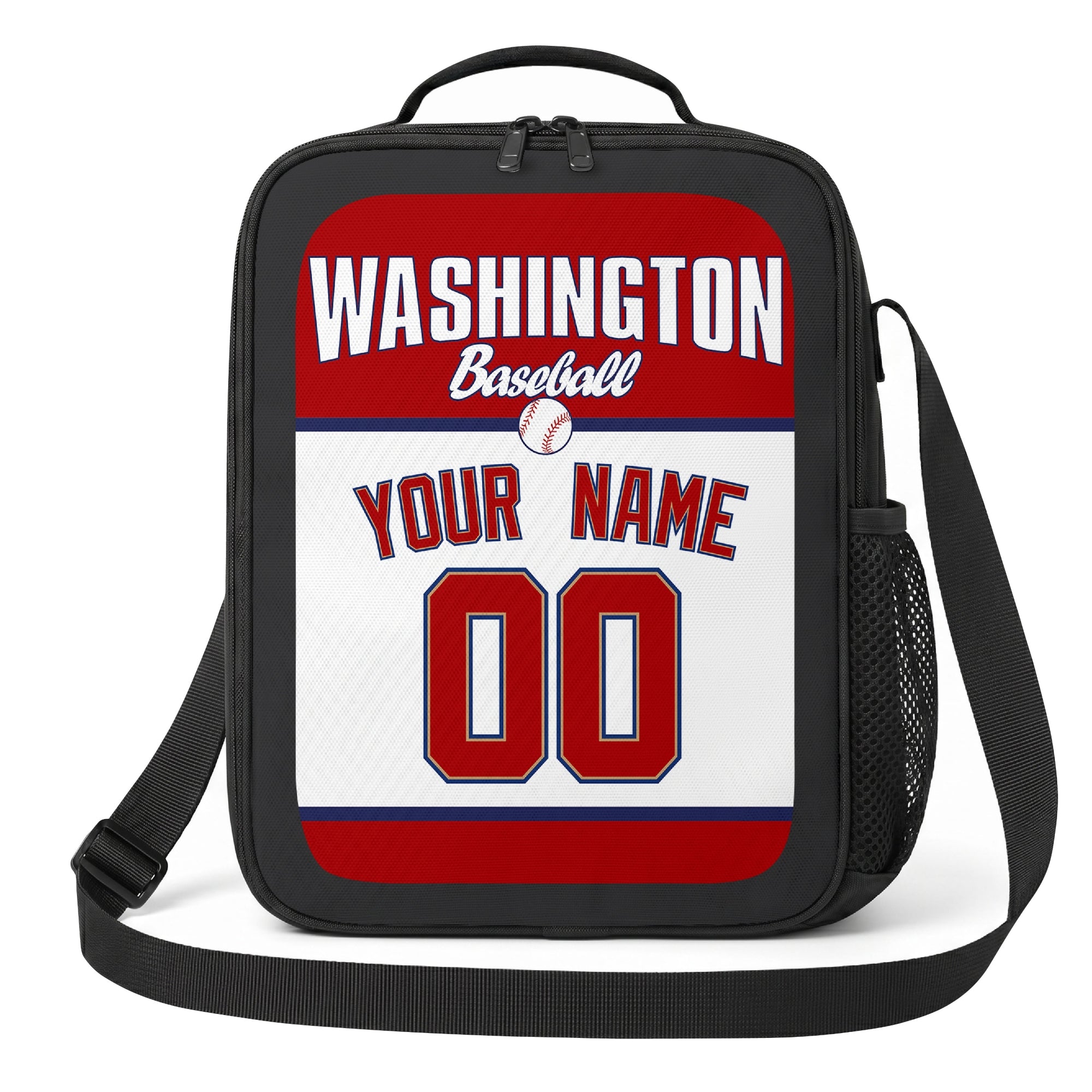 Washington red navy and white personalized baseball lunch bag angled front view with city lettering and custom name number