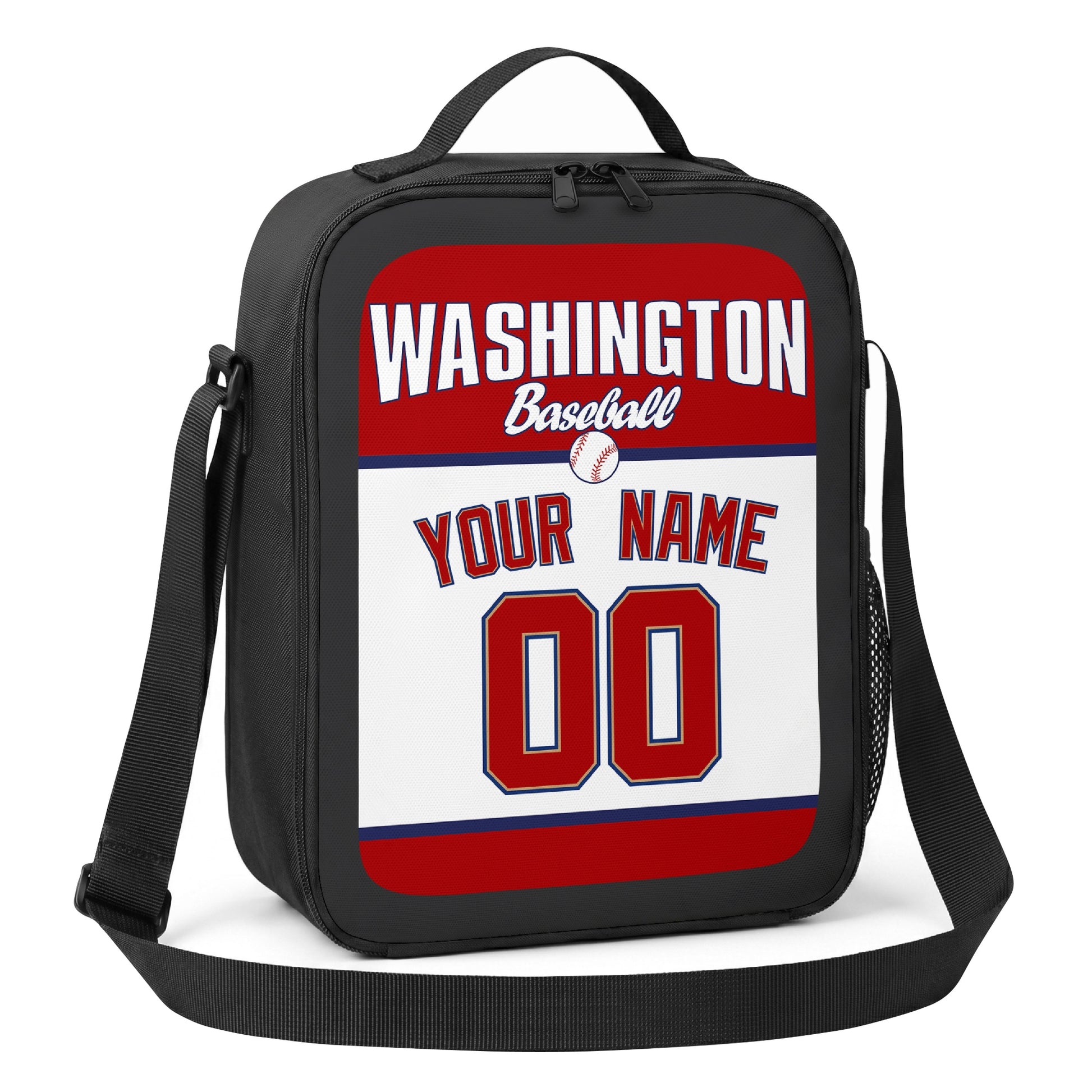 Washington red navy and white personalized baseball lunch bag alternate angle with side mesh pocket top handle and shoulder strap