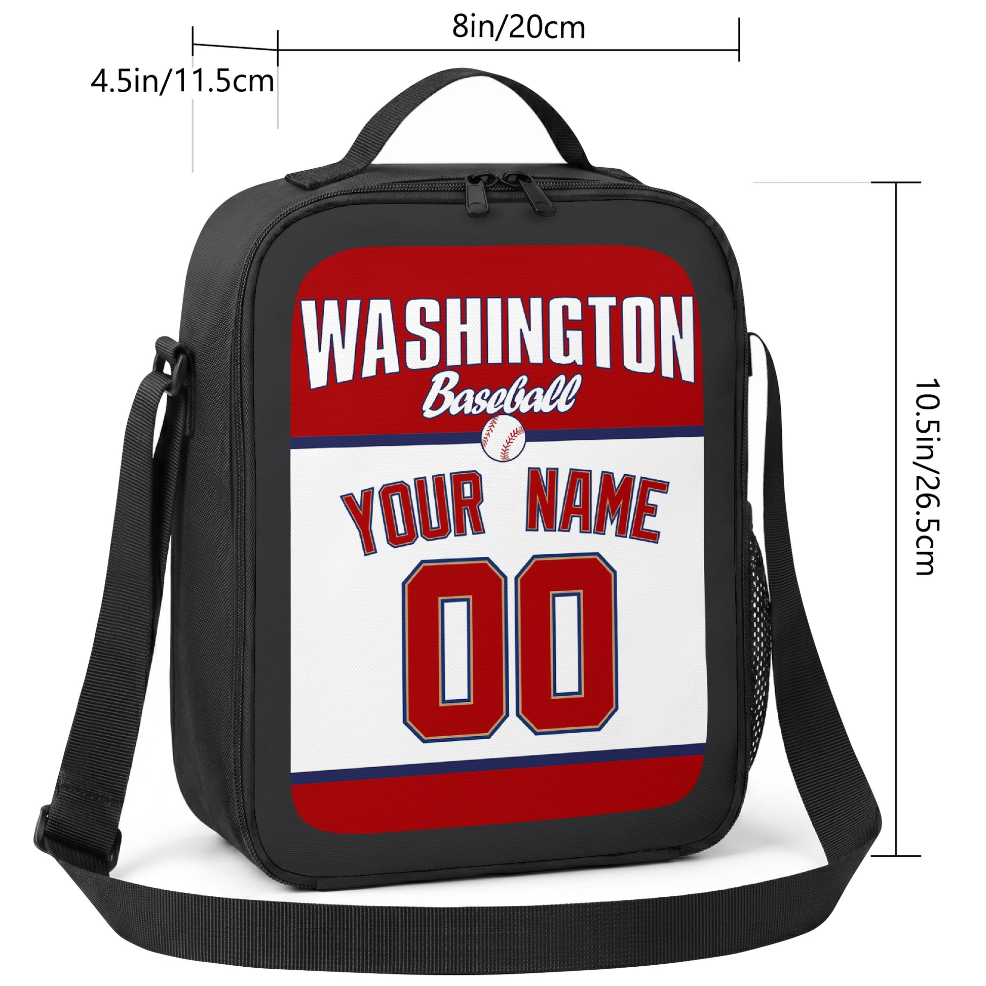 Washington personalized baseball lunch bag size guide showing 8 by 4.5 by 10.5 inch dimensions