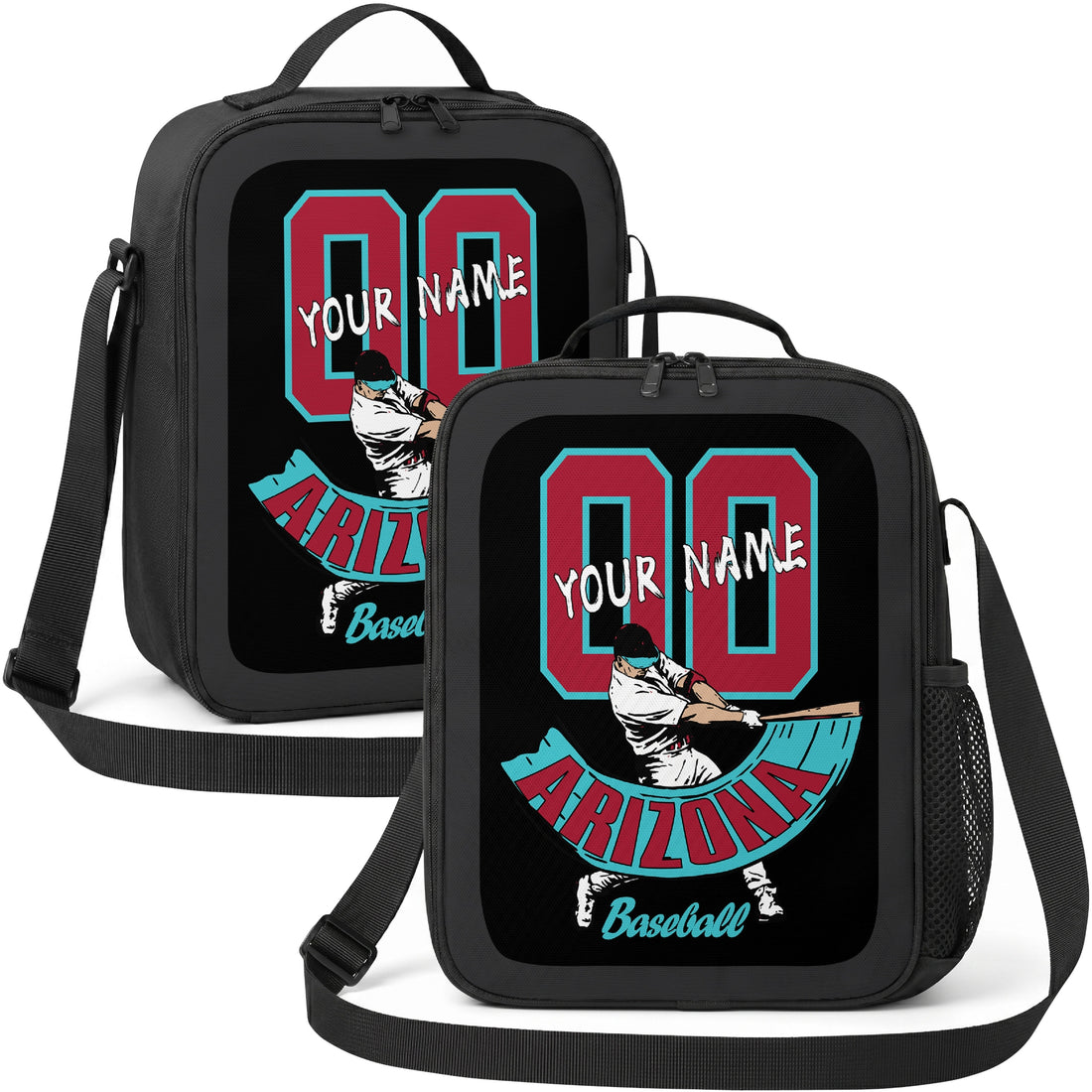 Arizona personalized batter graphic baseball lunch bag in black teal red and white showing front and angled views with custom name and number
