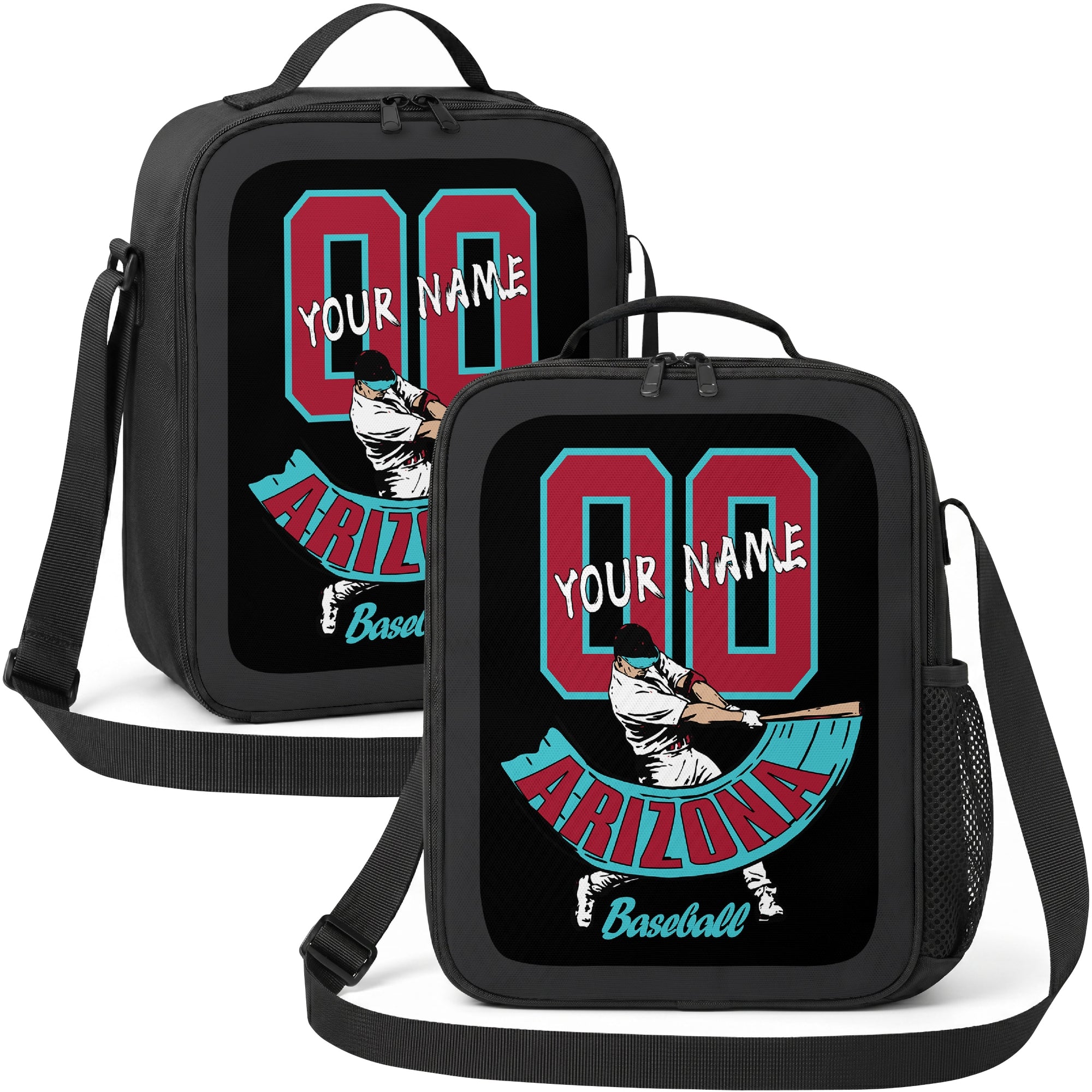 Arizona personalized batter graphic baseball lunch bag in black teal red and white showing front and angled views with custom name and number