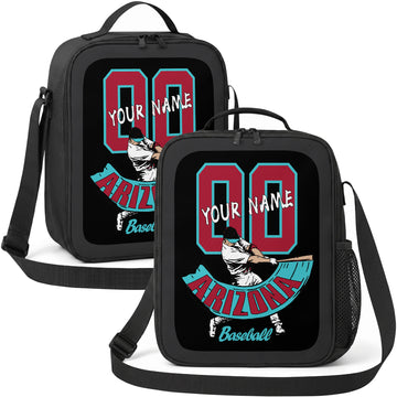 Arizona personalized batter graphic baseball lunch bag in black teal red and white showing front and angled views with custom name and number