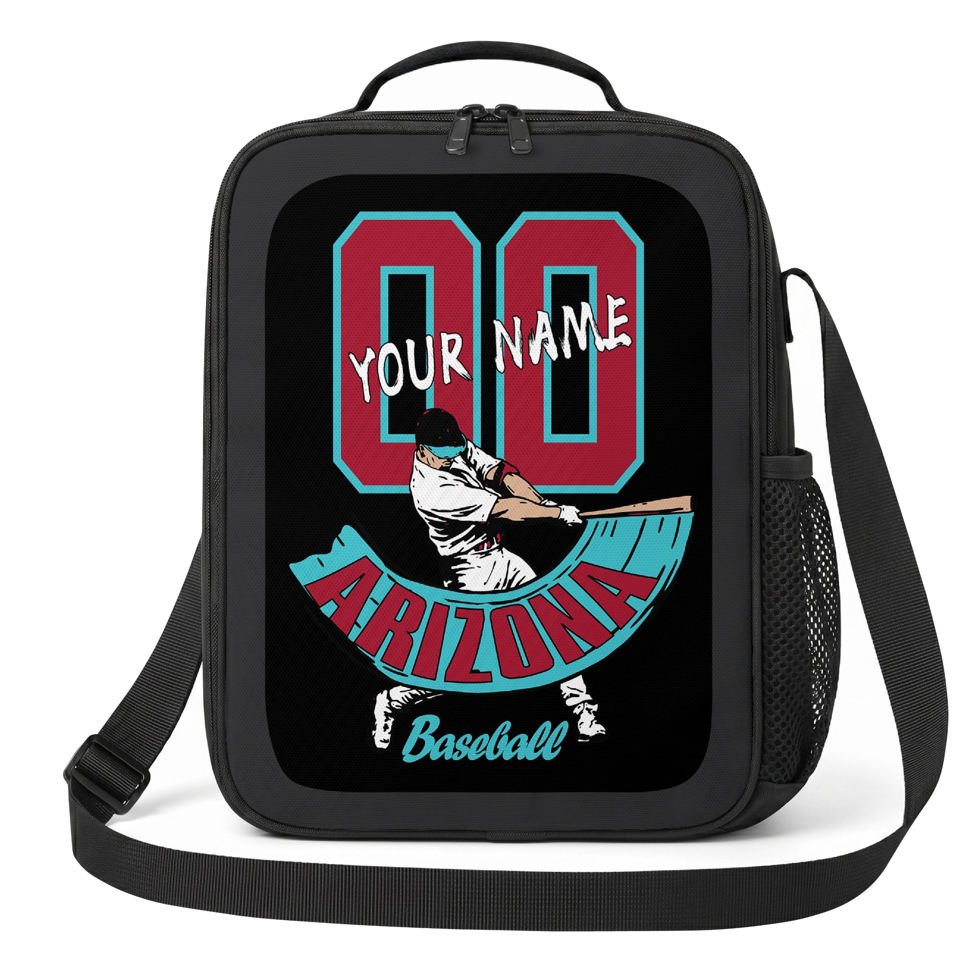 Arizona personalized baseball lunch bag front view in black teal red and white with swinging batter graphic custom name and jersey number