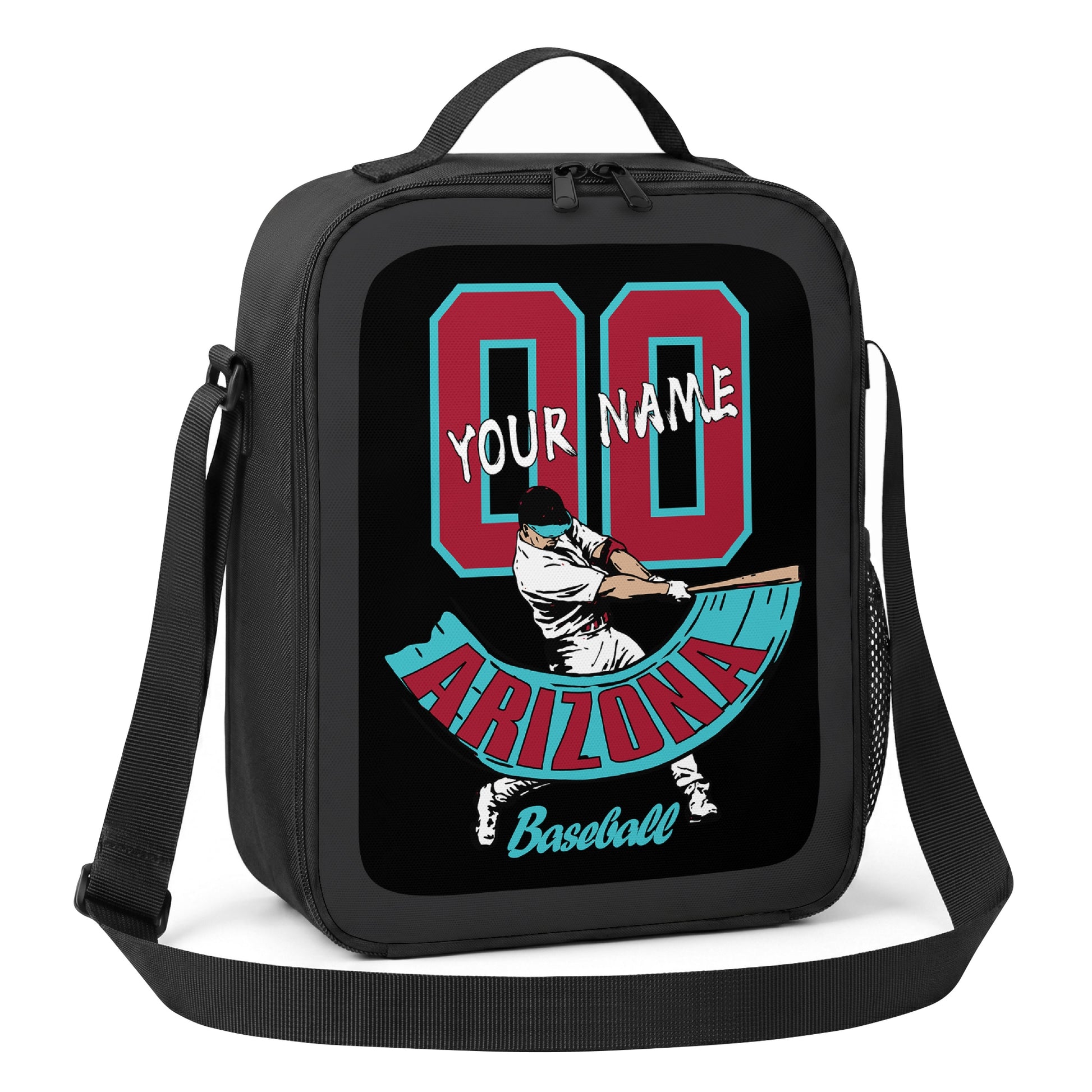 Arizona personalized batter baseball lunch bag angled view with top handle shoulder strap and side mesh pocket