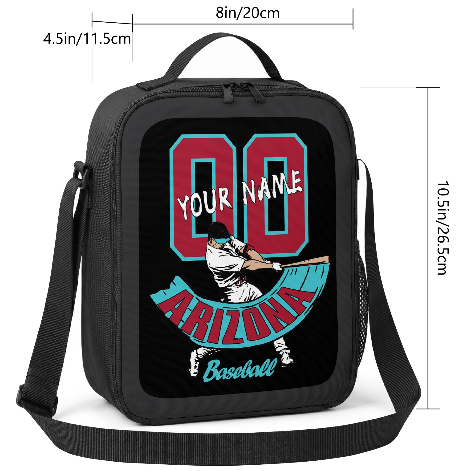 Arizona personalized baseball lunch bag size guide showing 8 inch width 4.5 inch depth and 10.5 inch height
