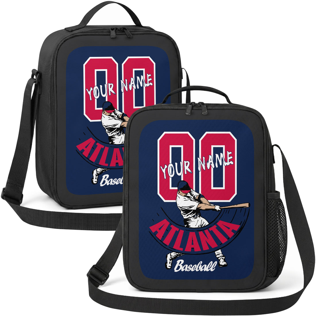 Atlanta personalized batter graphic baseball lunch bag in navy red and white showing front and angled views with custom name and number
