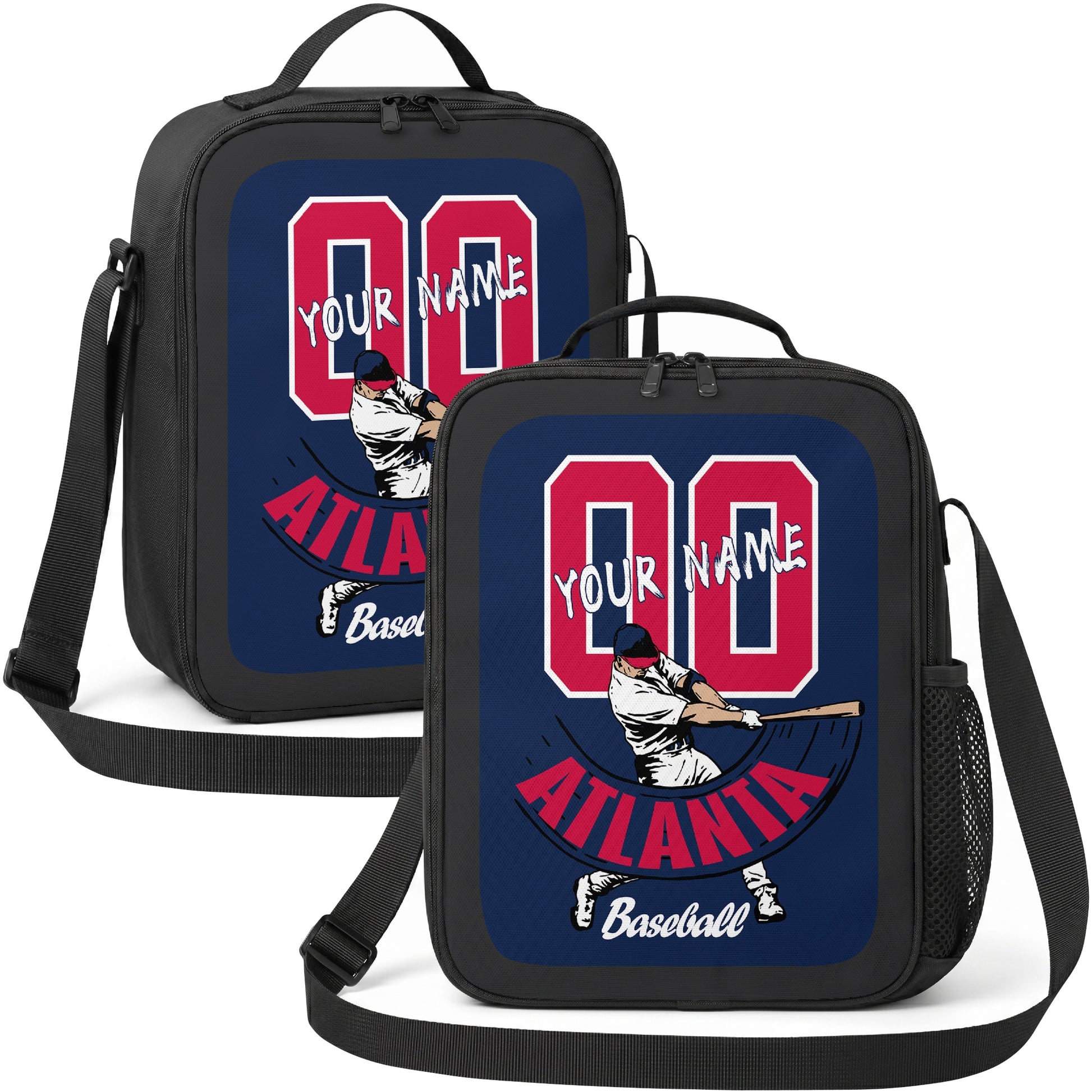 Atlanta personalized batter graphic baseball lunch bag in navy red and white showing front and angled views with custom name and number
