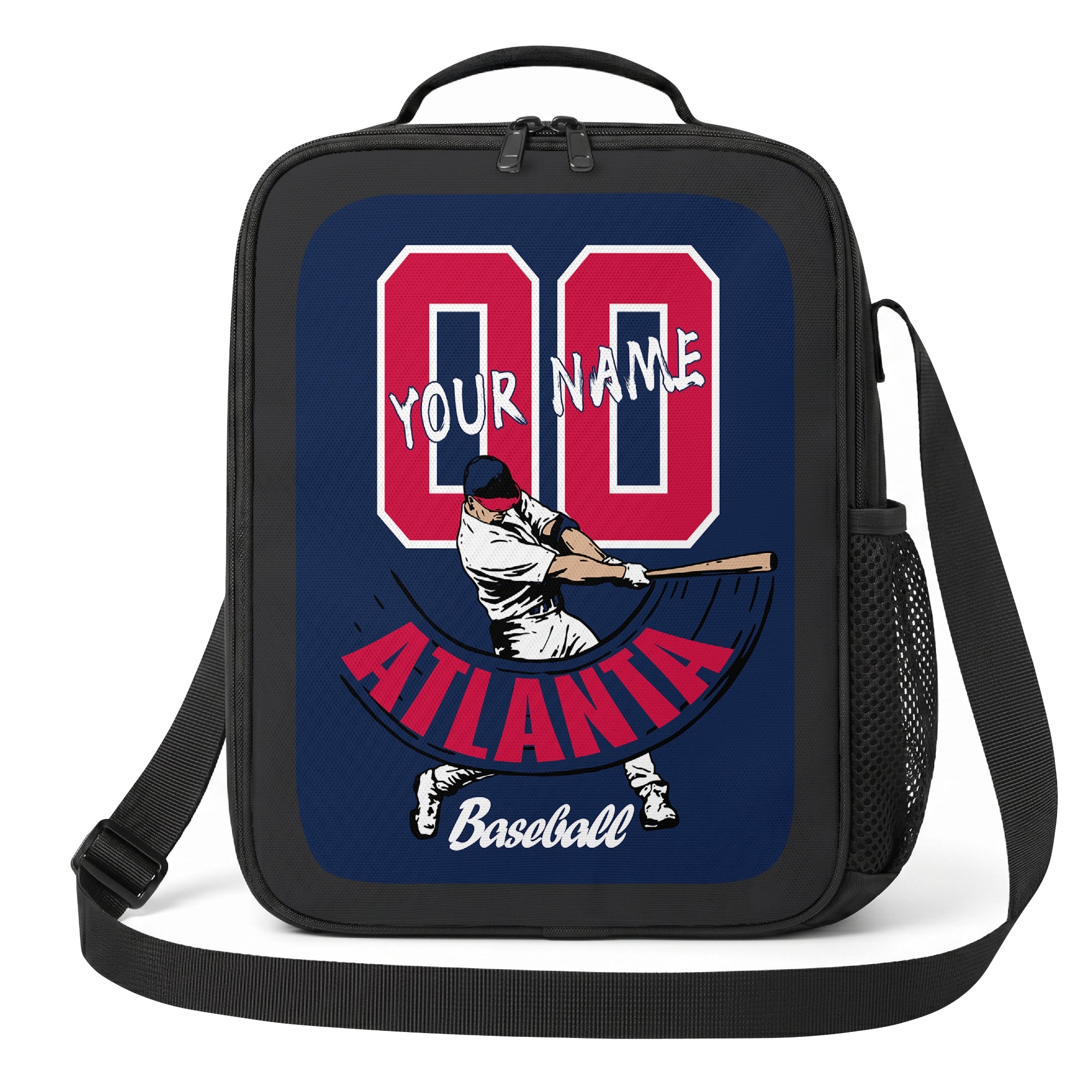 Atlanta personalized baseball lunch bag front view in navy red and white with swinging batter graphic custom name and jersey number