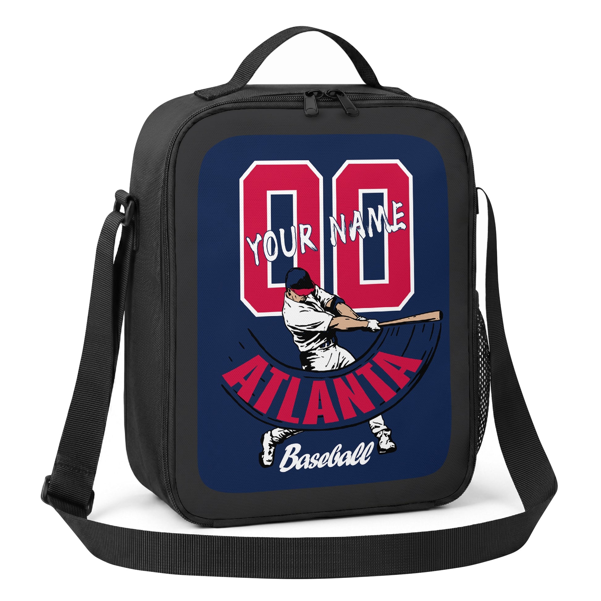 Atlanta personalized batter baseball lunch bag angled view with top handle shoulder strap and side mesh pocket
