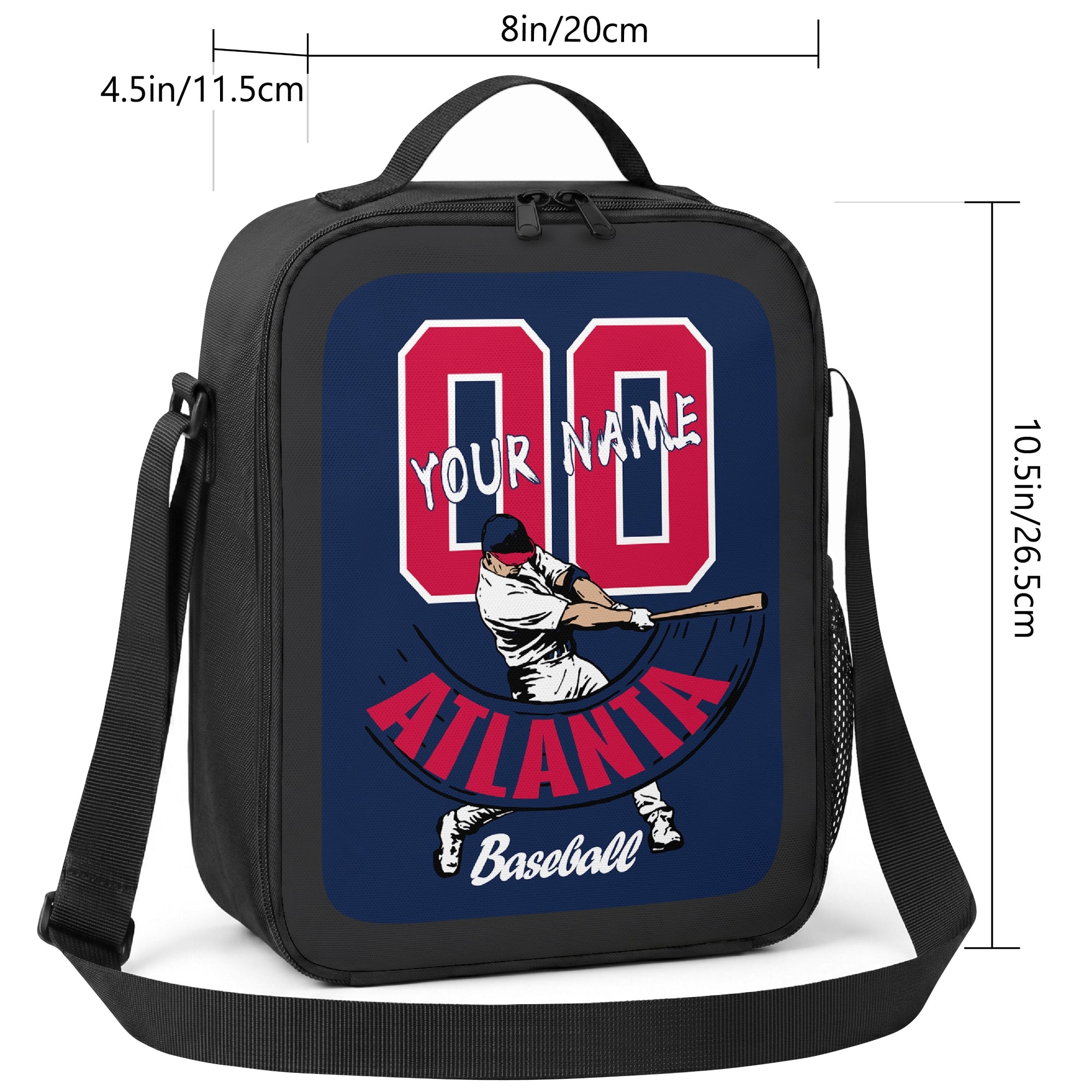 Atlanta personalized baseball lunch bag size guide showing 8 inch width 4.5 inch depth and 10.5 inch height