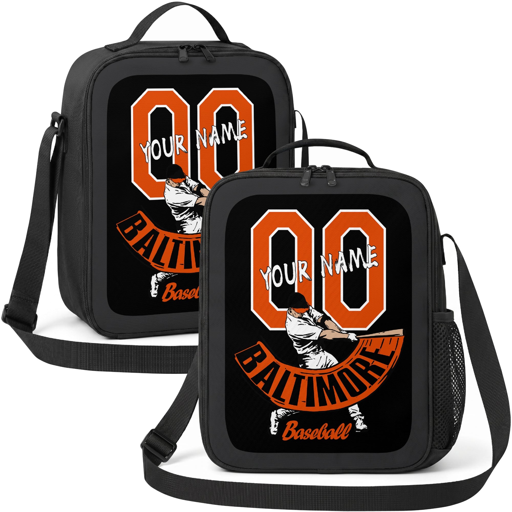 Baltimore personalized batter graphic baseball lunch bag in black orange and white showing front and angled views with custom name and number