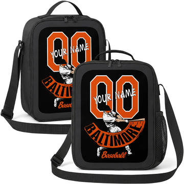 Baltimore personalized batter graphic baseball lunch bag in black orange and white showing front and angled views with custom name and number