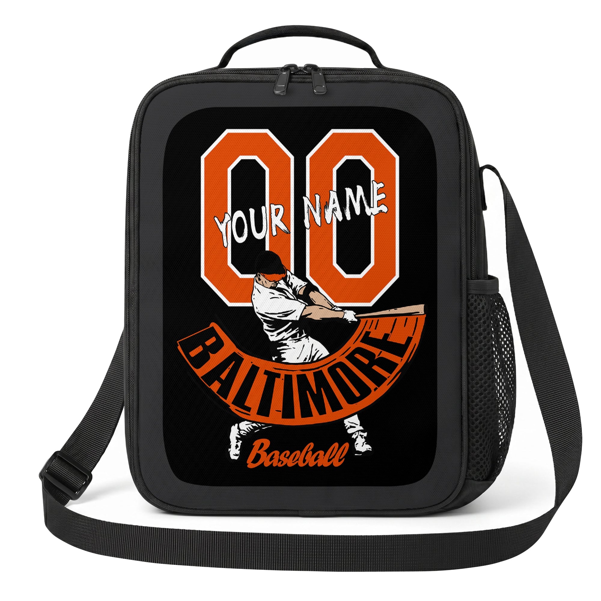 Baltimore personalized baseball lunch bag front view in black orange and white with swinging batter graphic custom name and jersey number