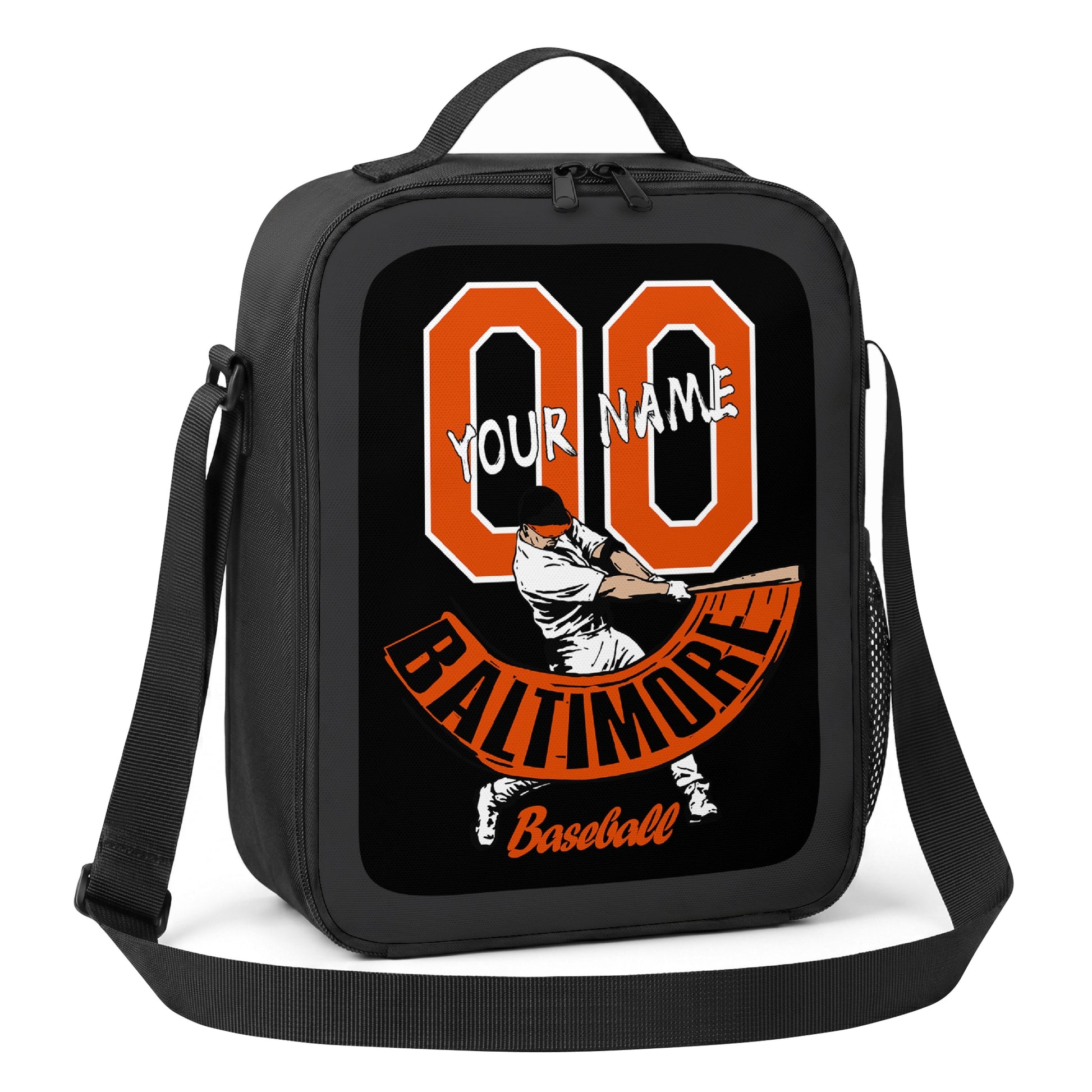 Baltimore personalized batter baseball lunch bag angled view with top handle shoulder strap and side mesh pocket