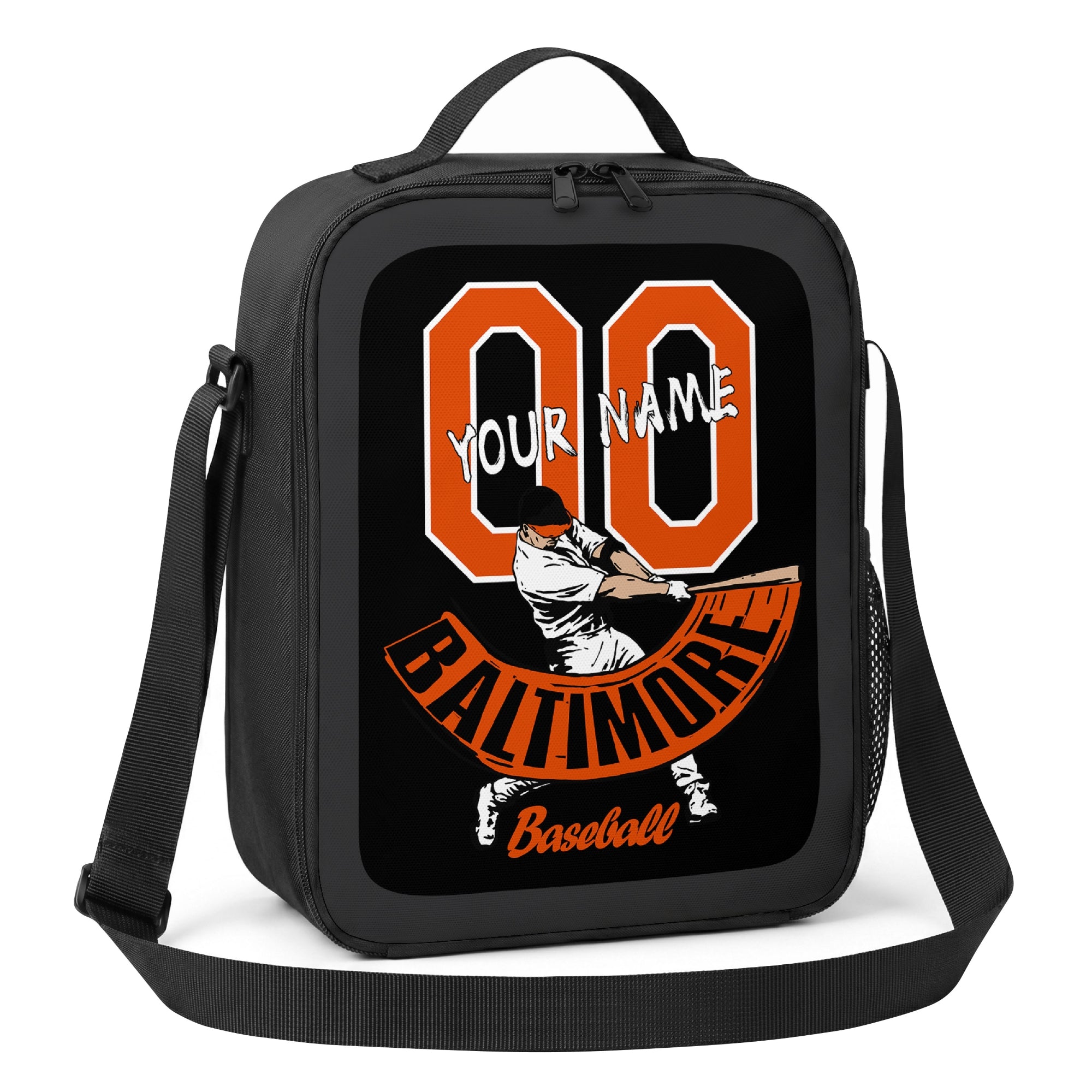 Baltimore personalized batter baseball lunch bag angled view with top handle shoulder strap and side mesh pocket