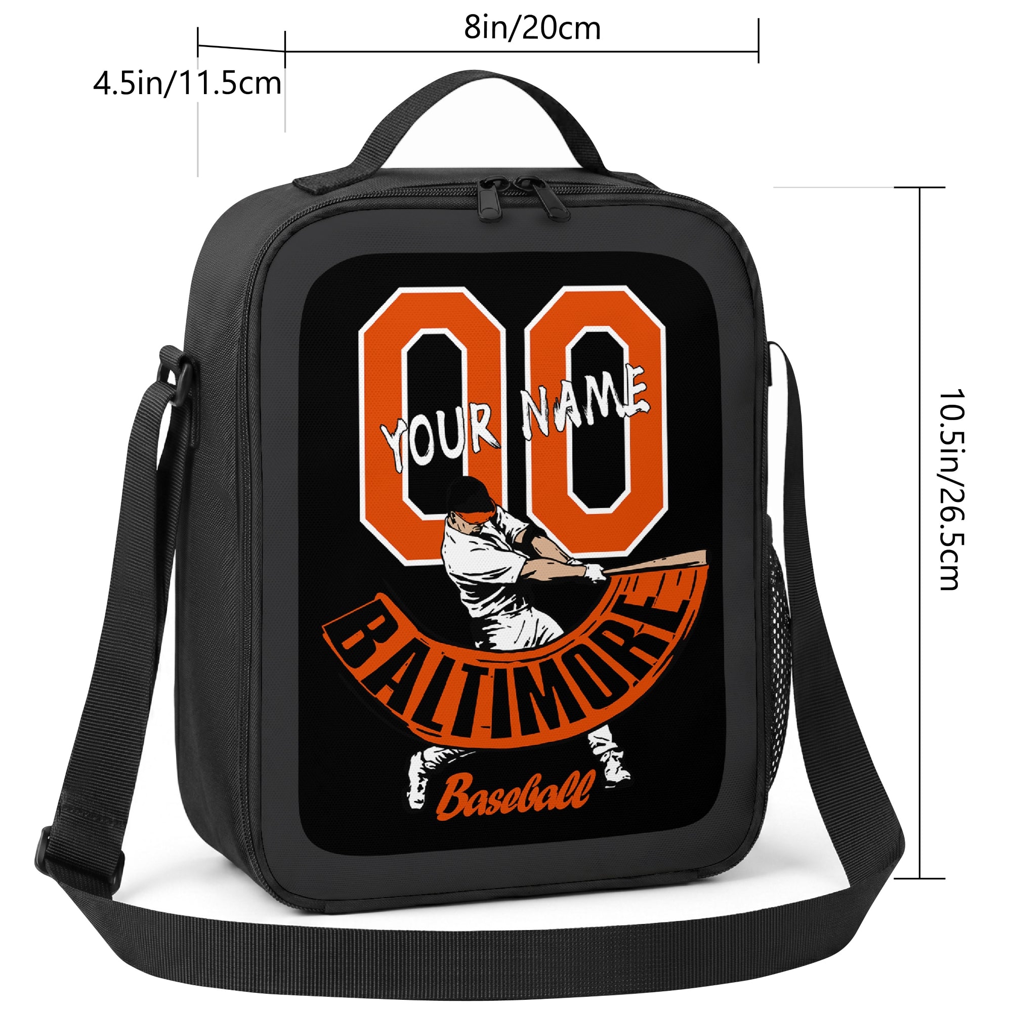 Baltimore personalized baseball lunch bag size guide showing 8 inch width 4.5 inch depth and 10.5 inch height