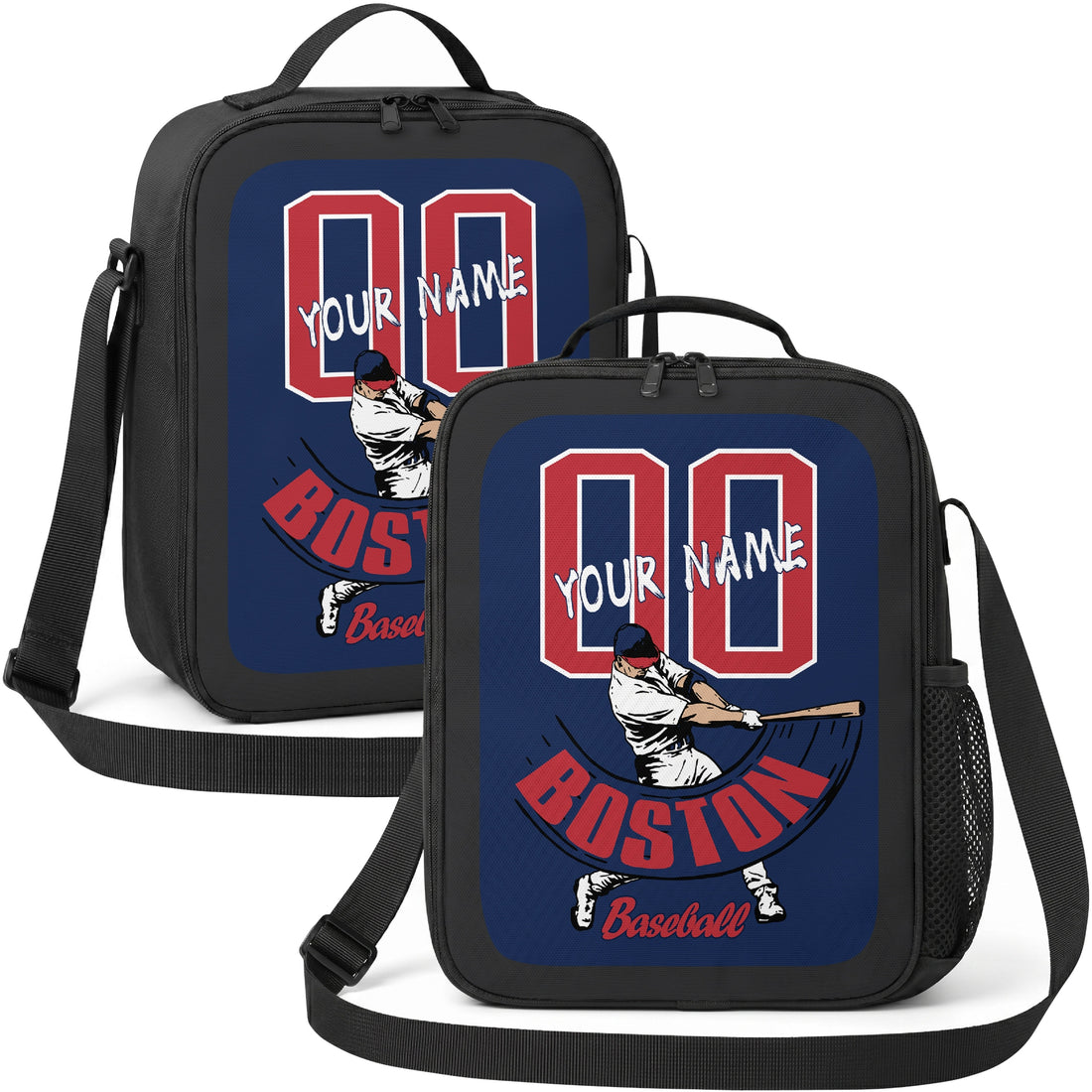 Boston personalized batter graphic baseball lunch bag in navy red and white showing front and angled views with custom name and number