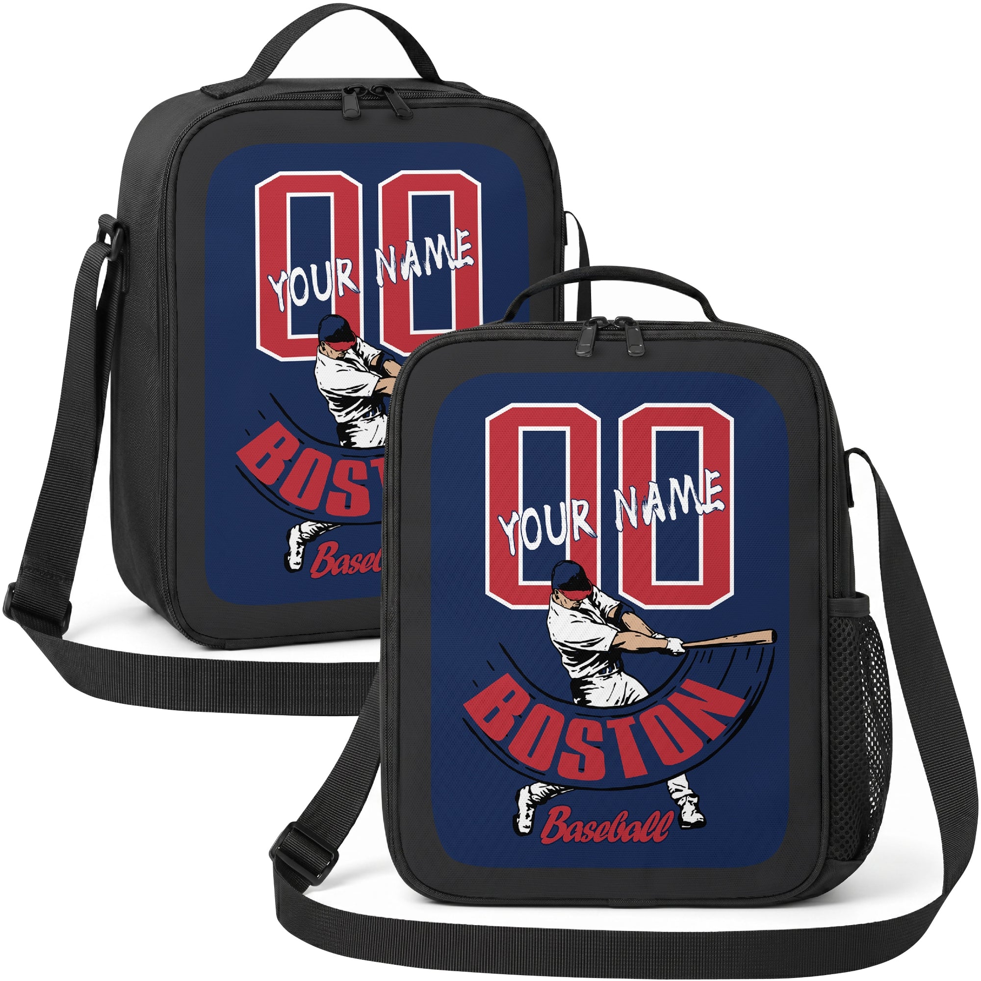 Boston personalized batter graphic baseball lunch bag in navy red and white showing front and angled views with custom name and number